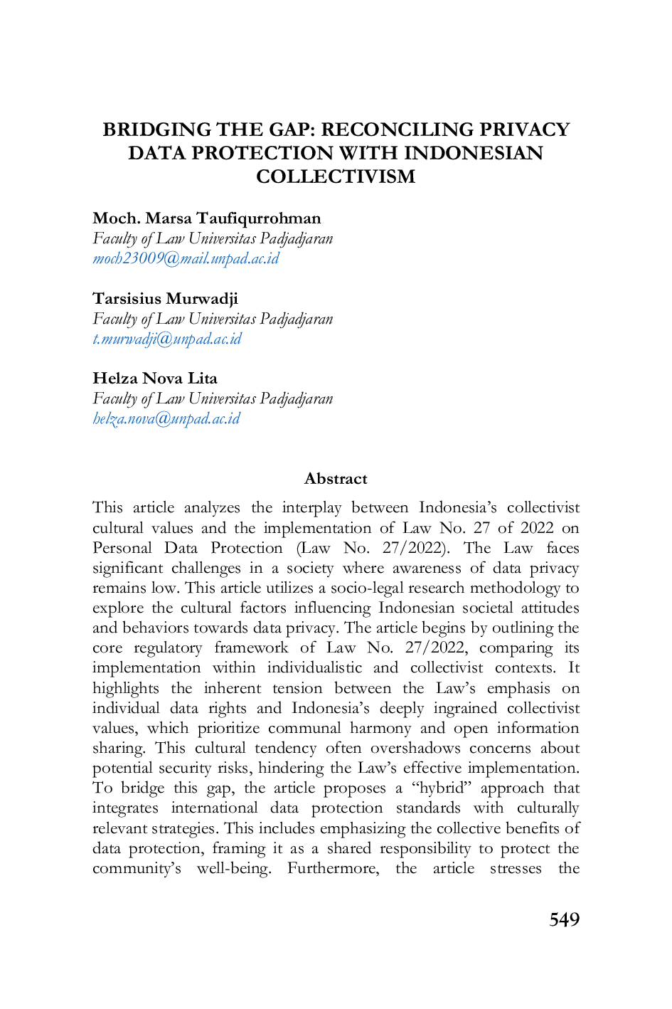 JURIS Bridging The Gap Reconciling Privacy Data Protection With Indonesian Collectivism