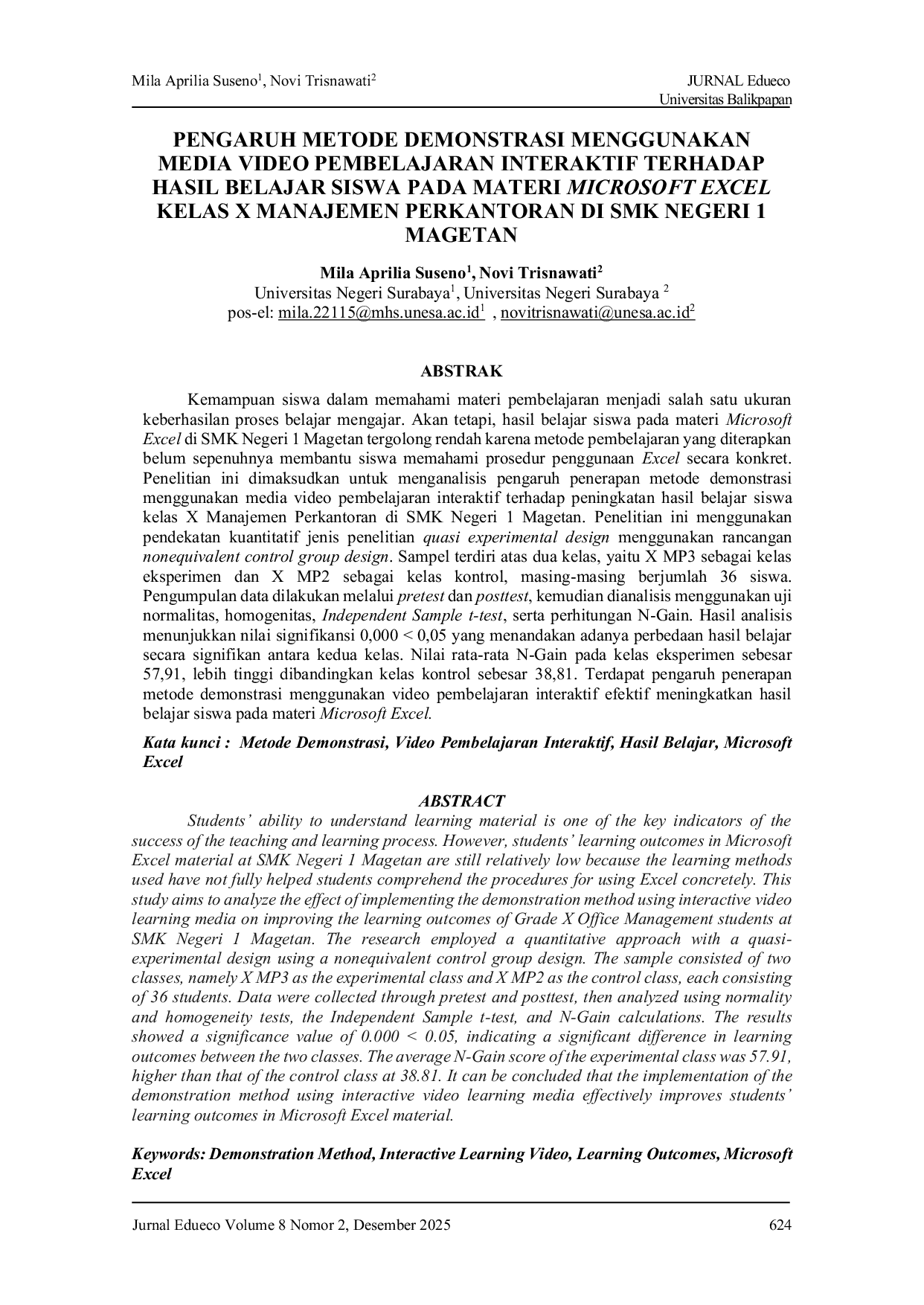 JURIS Pengaruh Metode Demonstrasi Menggunakan Media Video Pembelajaran Interaktif Terhadap Hasil Belajar Siswa Pada Materi Microsoft Excel Kelas X Manajemen Perkantoran Di SMK Negeri 1 Magetan