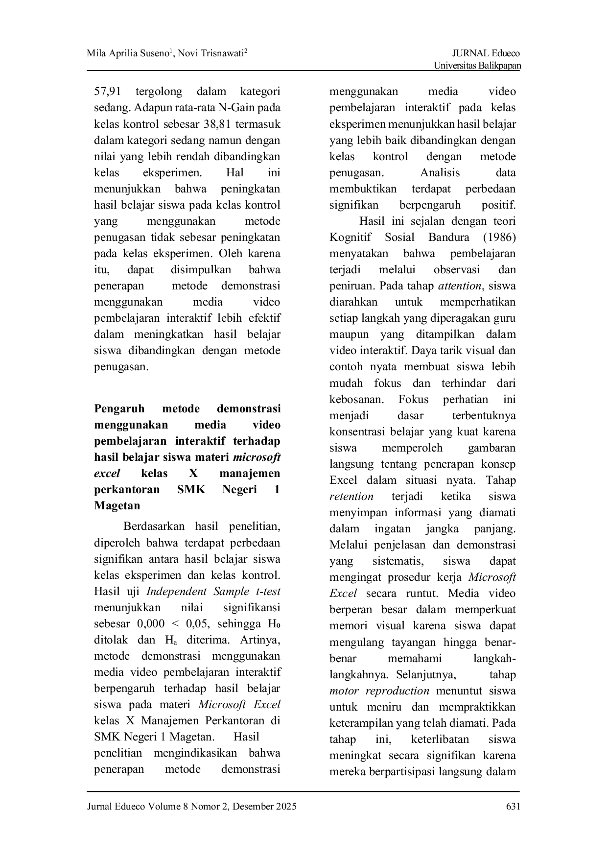 JURIS Pengaruh Metode Demonstrasi Menggunakan Media Video Pembelajaran Interaktif Terhadap Hasil Belajar Siswa Pada Materi Microsoft Excel Kelas X Manajemen Perkantoran Di SMK Negeri 1 Magetan