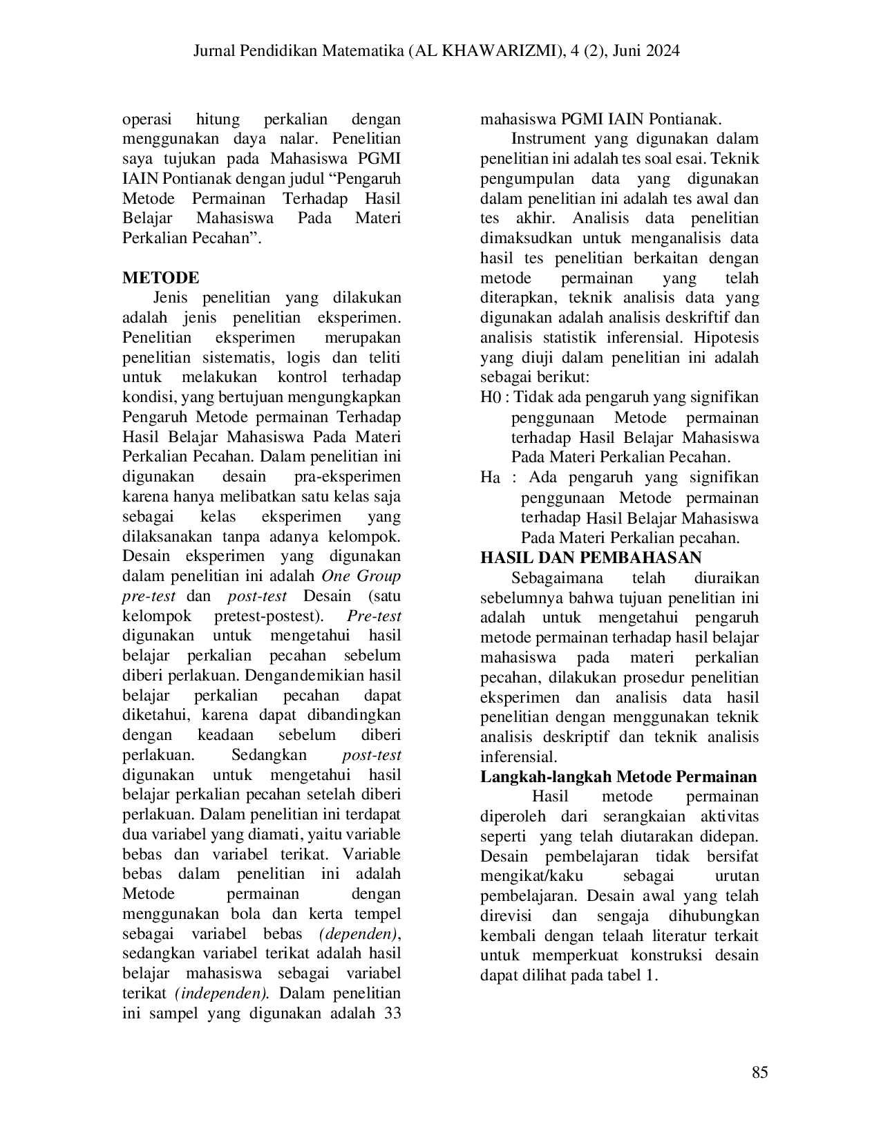 JURIS Pengaruh Metode Permainan Terhadap Hasil Belajar Mahasiswa Pada Materi Perkalian Pecahan