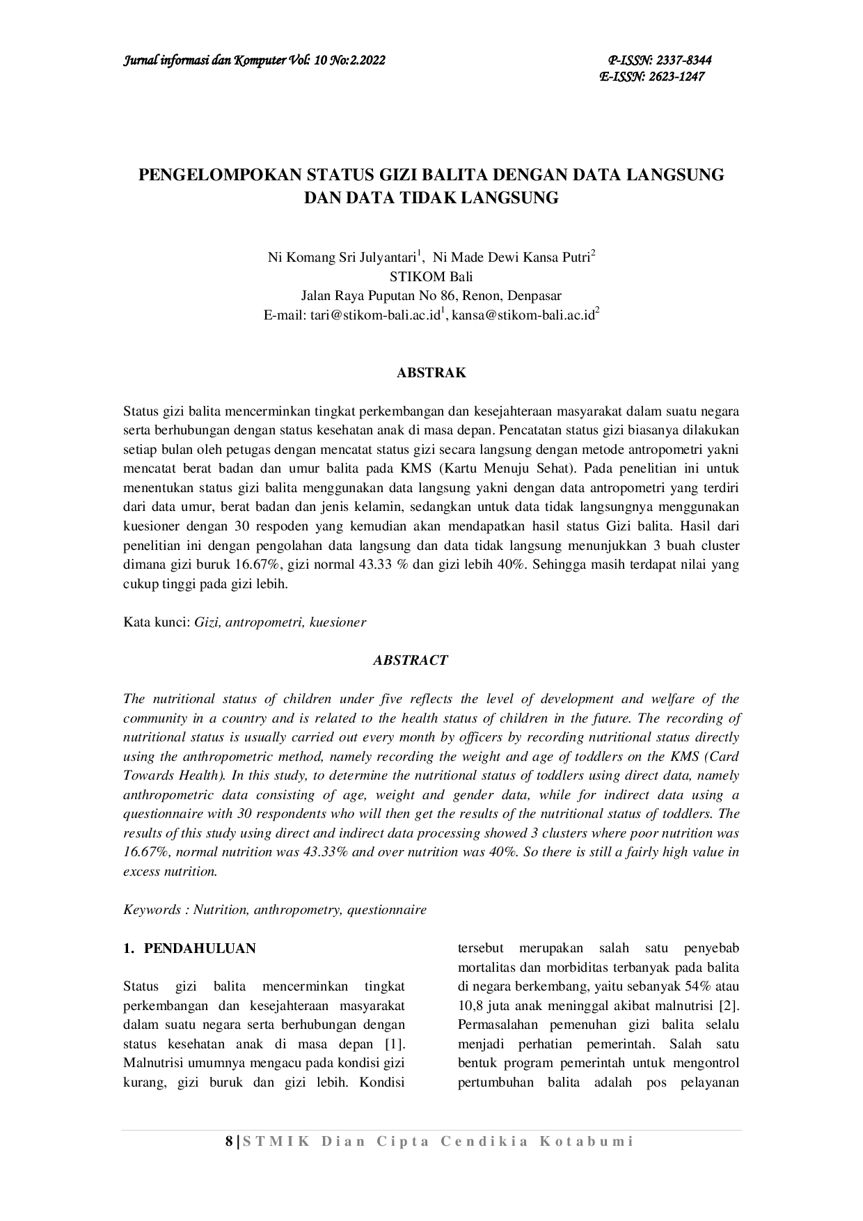 JURIS Pengelompokan Status Gizi Balita dengan Data Langsung dan Data Tidak Langsung