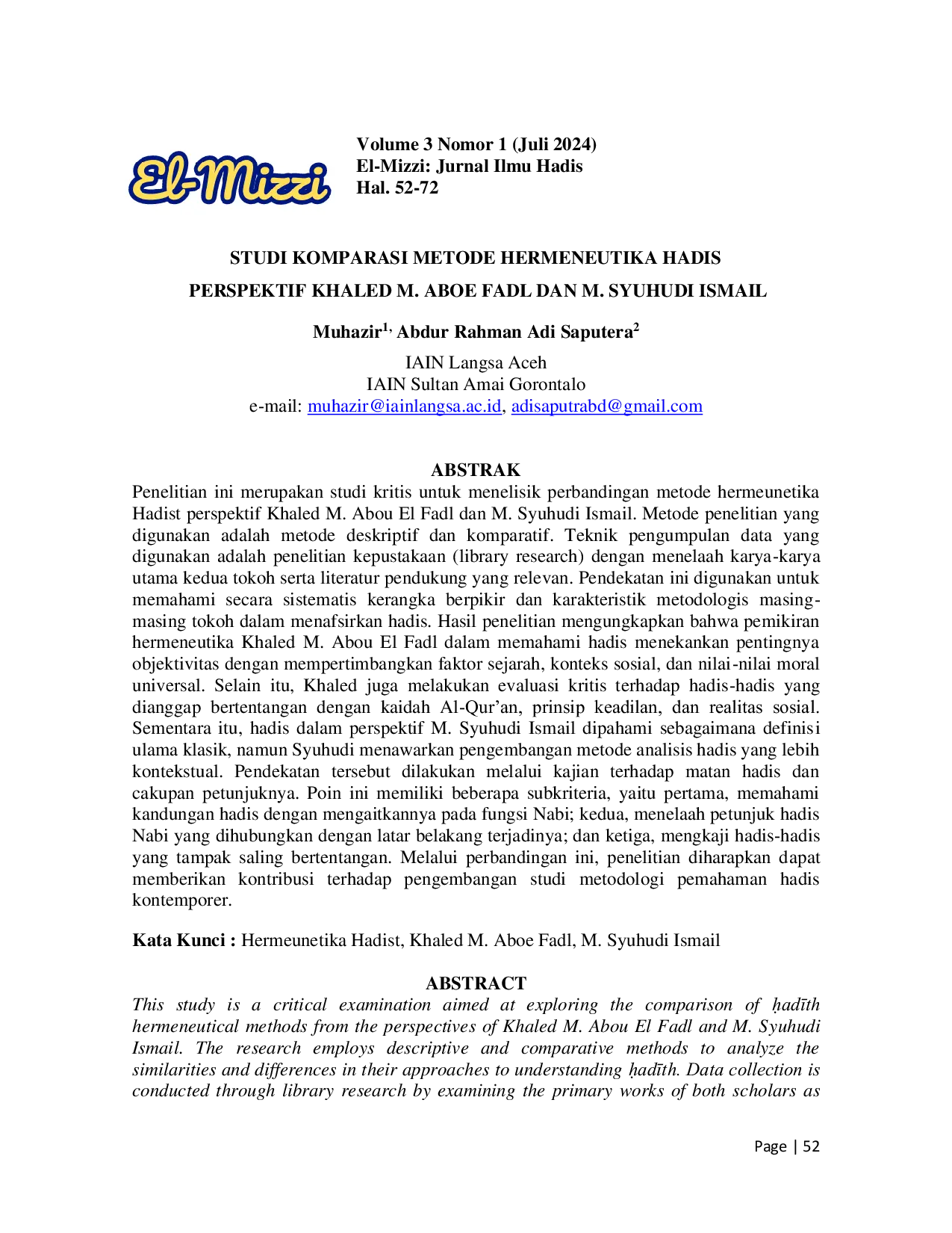 JURIS Studi Komparasi Metode Hermeneutika Hadis Perspektif Khaled M Abou Fadl Dan M Syuhudi Ismail