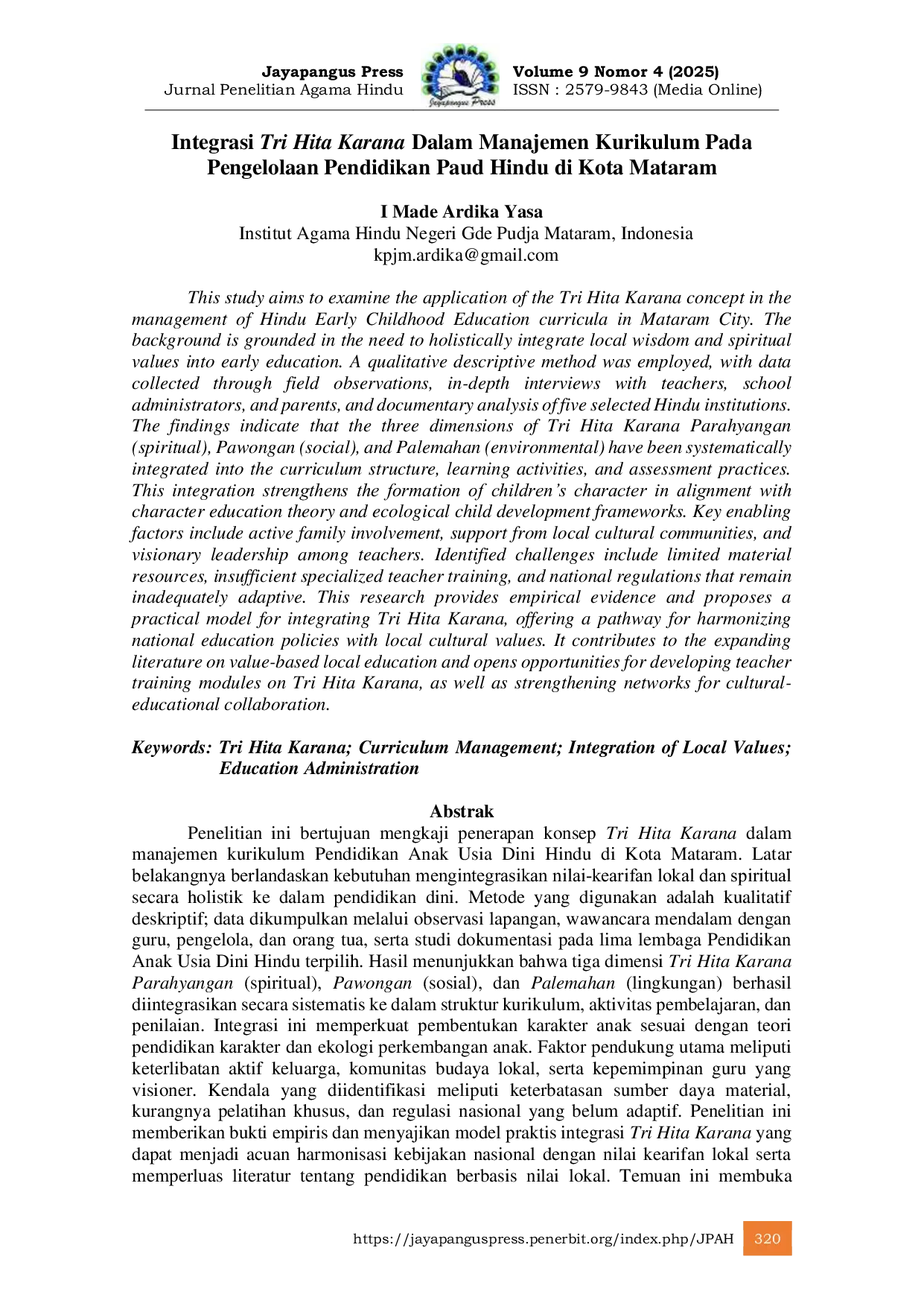 JURIS Integrasi Tri Hita Karana Dalam Manajemen Kurikulum Pada Pengelolaan Pendidikan Paud Hindu di Kota Mataram