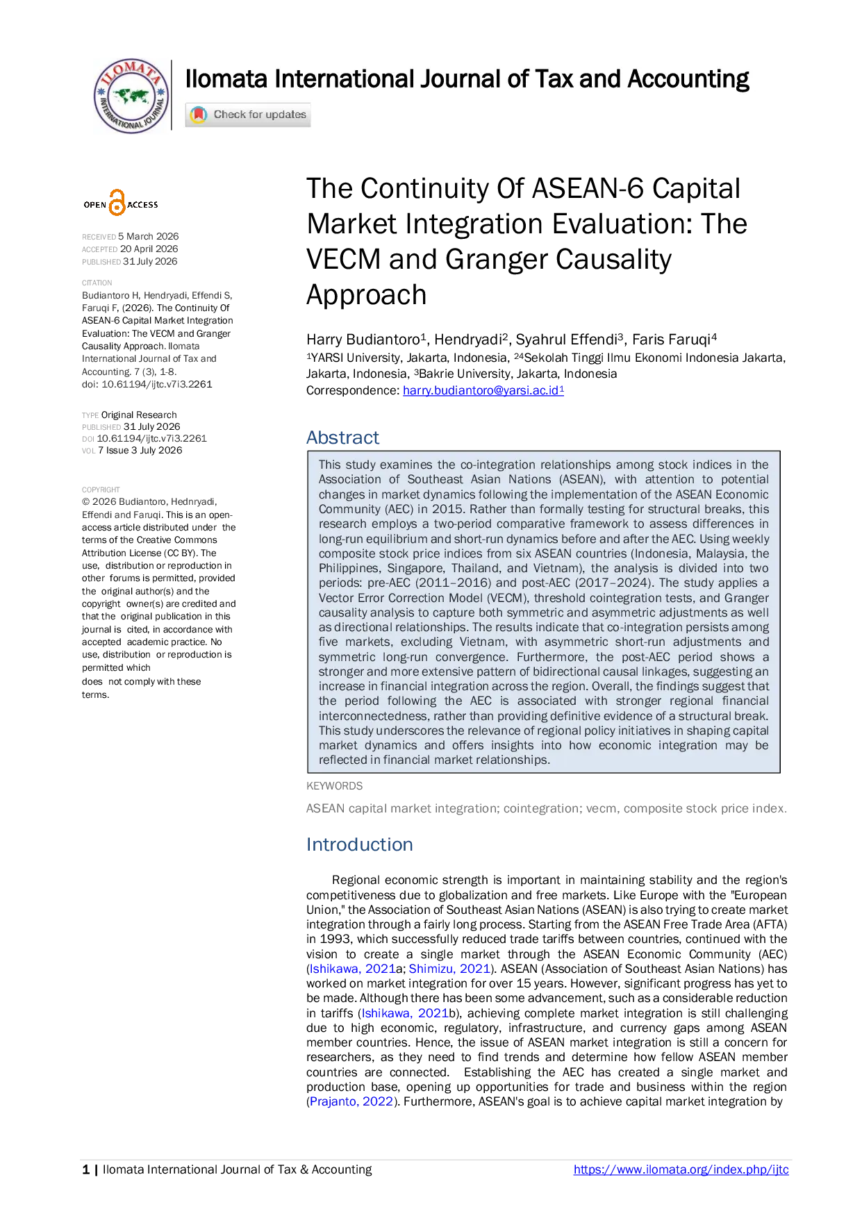 JURIS The Continuity Of ASEAN 6 Capital Market Integration Evaluation The VECM and Granger Causality Approach