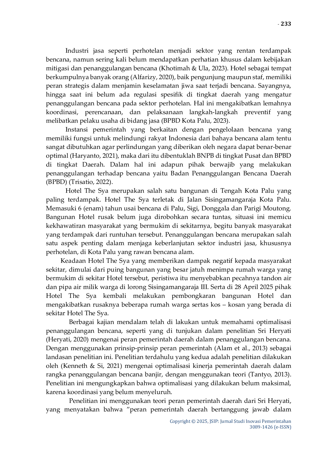 JURIS Optimalisasi Peran Pemerintah Daerah Dalam Penanggulangan Bencana Pada Industri Jasa di Kota Palu Studi Kasus Hotel The Sya