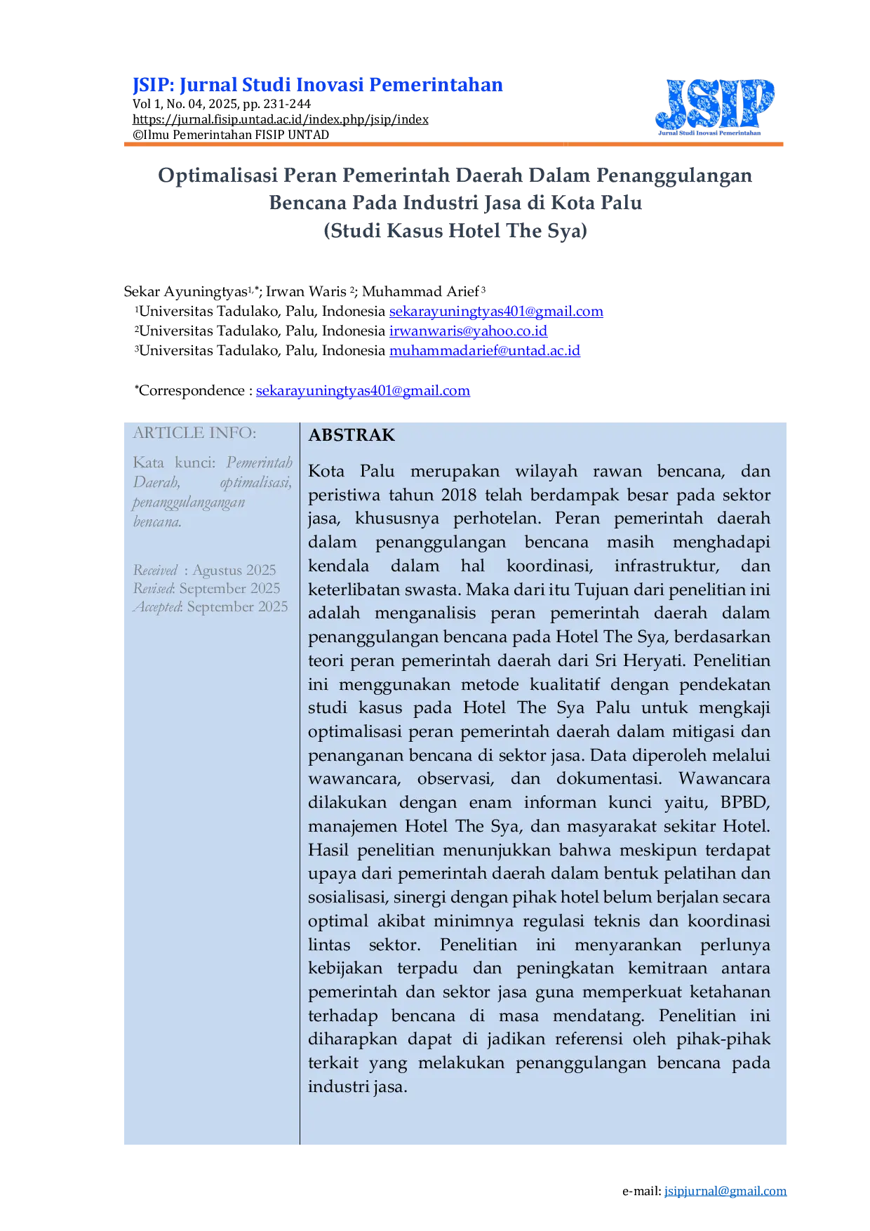 JURIS Optimalisasi Peran Pemerintah Daerah Dalam Penanggulangan Bencana Pada Industri Jasa di Kota Palu Studi Kasus Hotel The Sya