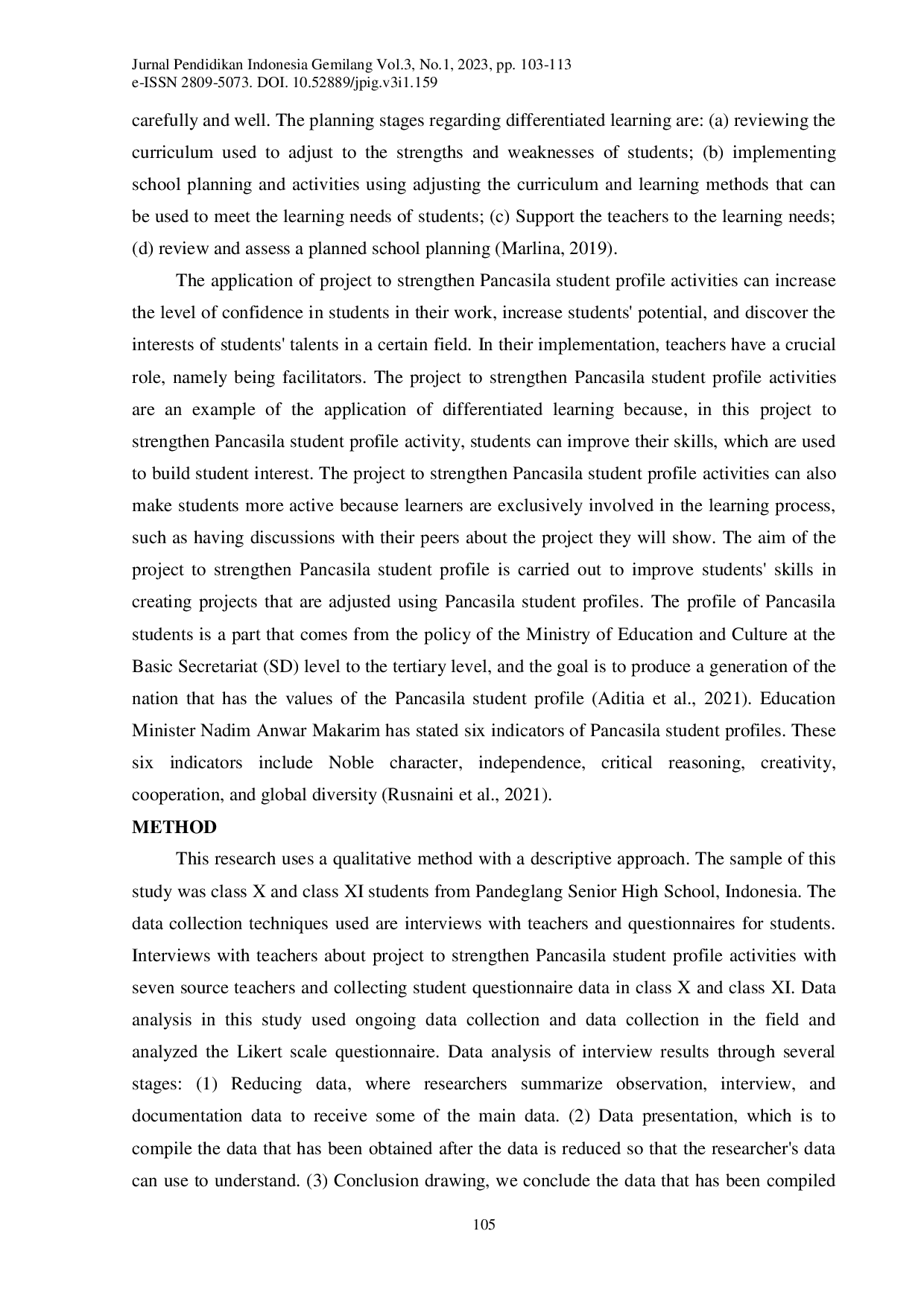 juris Project to Strengthen Pancasila Student Profile as an Application of Differentiated Learning in the Independent Curriculum A Case Study at a Senior High School in Pandeglang Indonesia