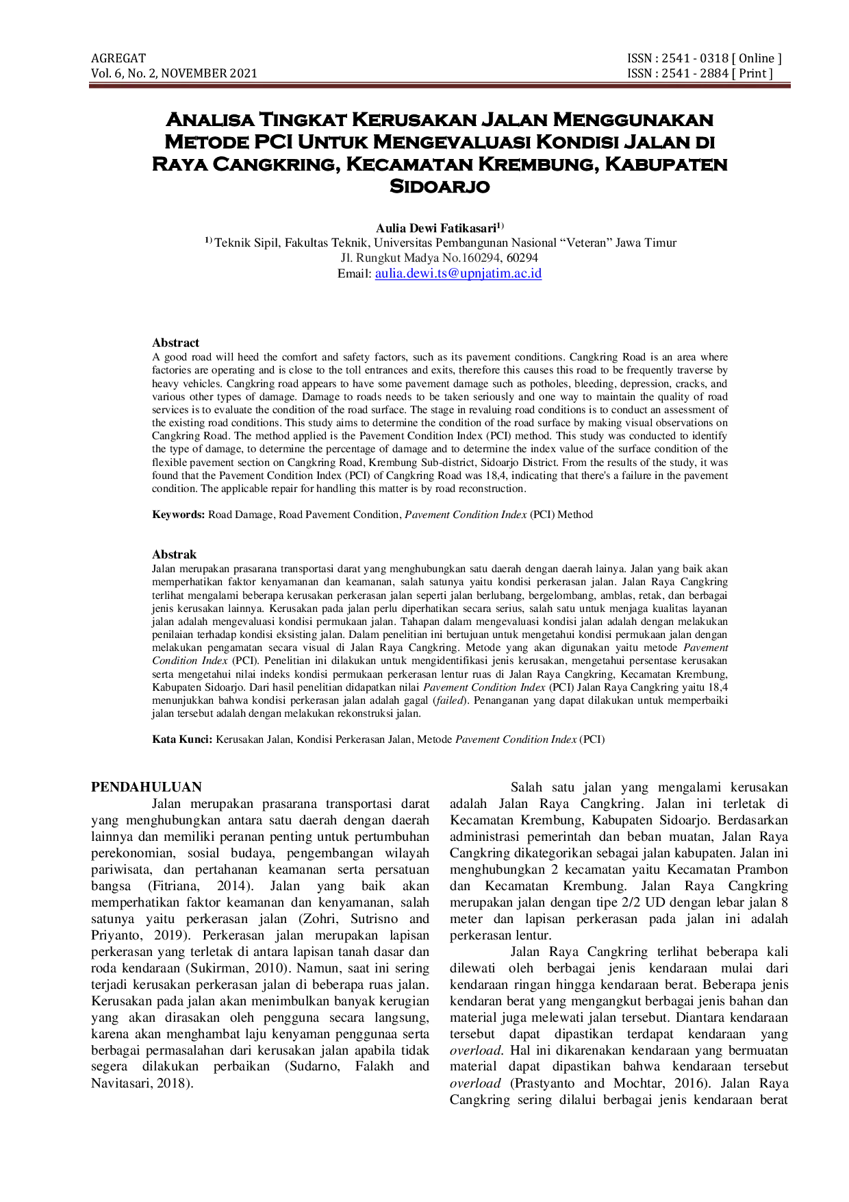 JURIS Analisis Tingkat Kerusakan Jalan Menggunakan Metode PCI Untuk Mengevaluasi Kondisi Jalan Raya Cangkring Kecamatan Krembung Kabupaten Sidoarjo