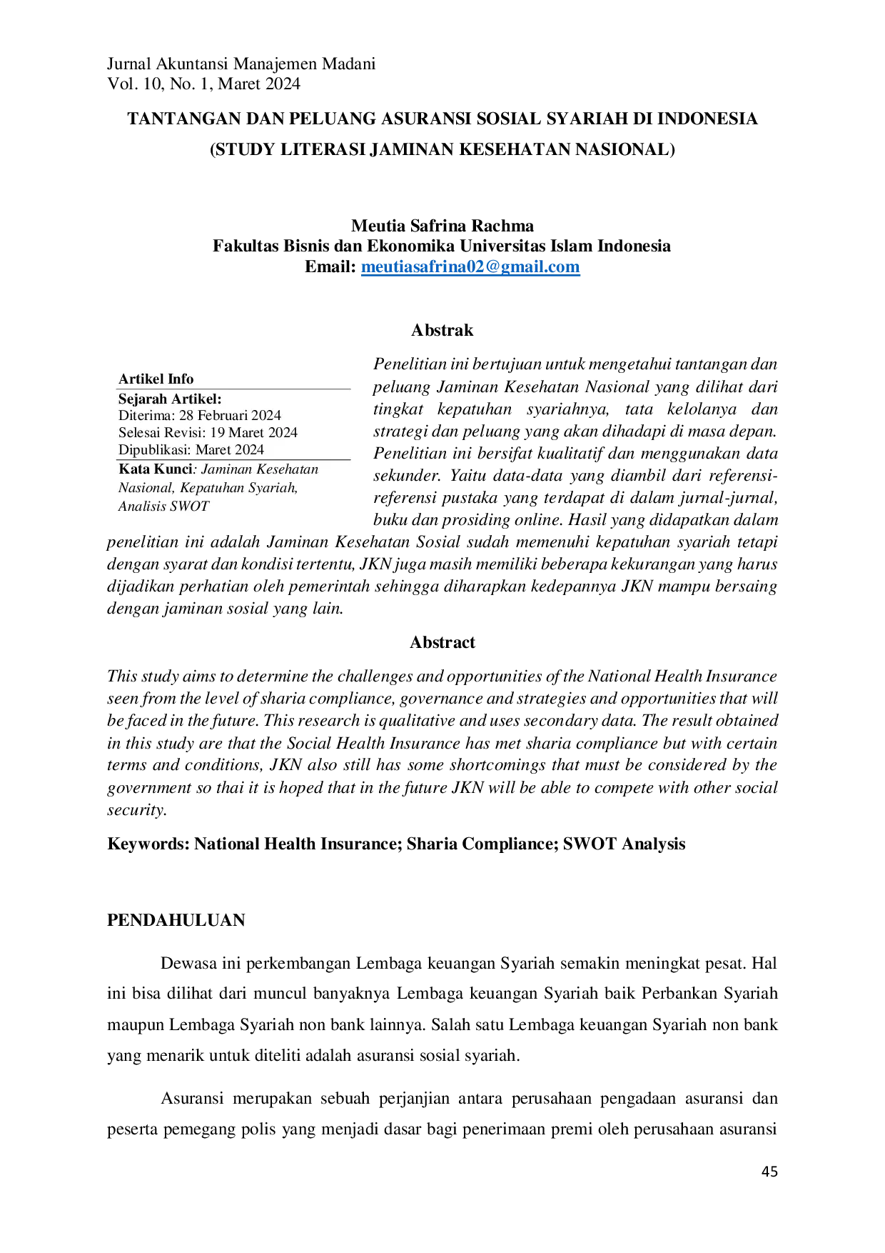 JURIS Tantangan Dan Peluang Asuransi Sosial Syariah Di Indonesia Study Literasi Jaminan Kesehatan Nasional