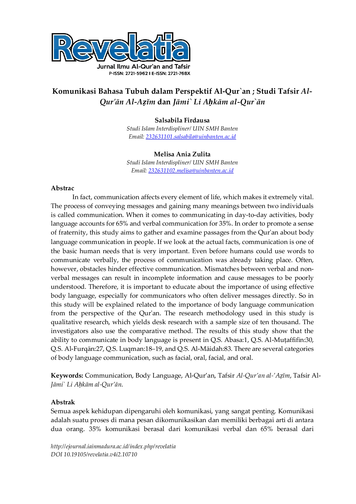JURIS Komunikasi Bahasa Tubuh Dalam Perspektif Al Qur an Studi Tafsir Al Qur An Al Aem Dan JAmi Li AukAm Al Qur An