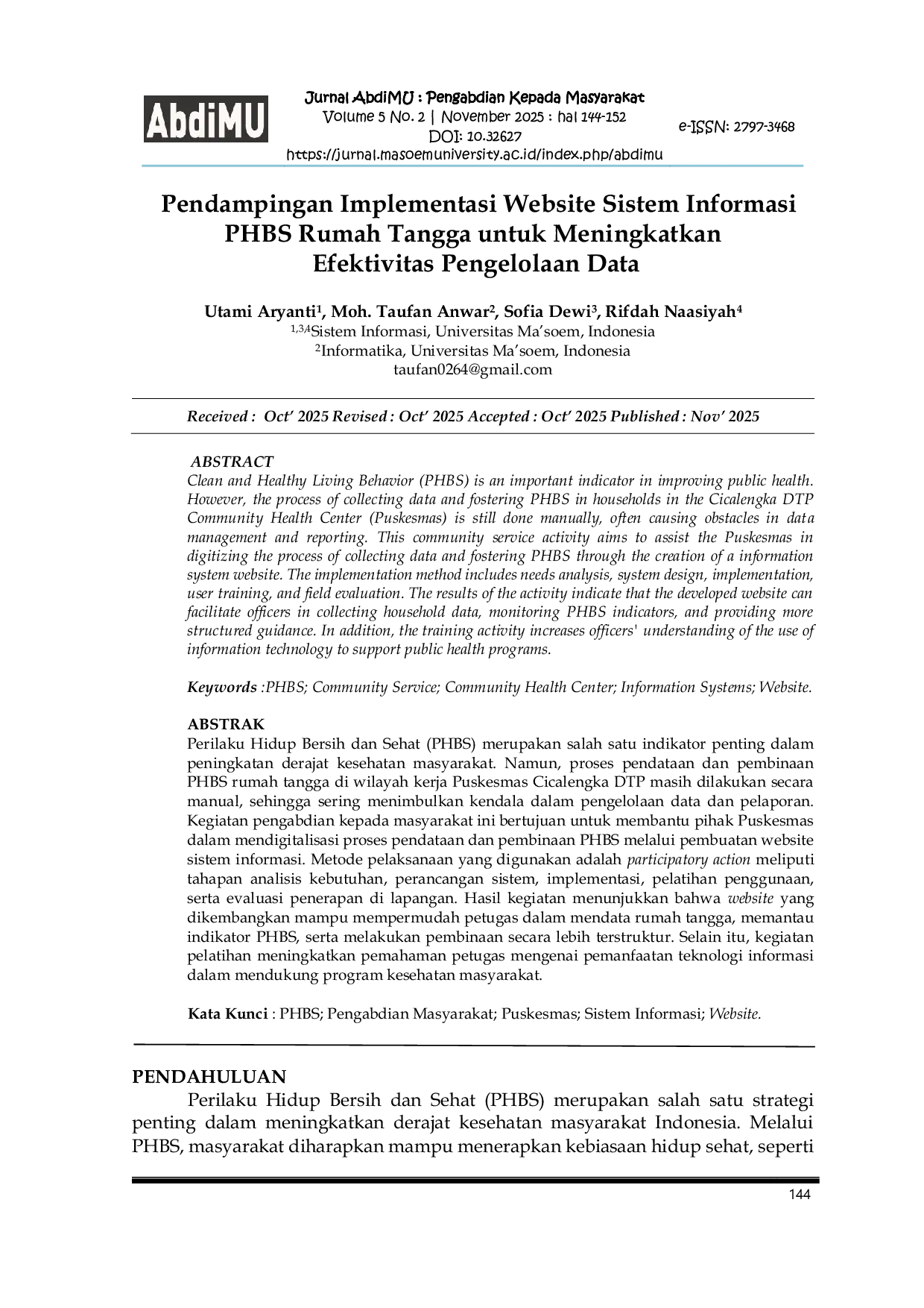 JURIS Pendampingan Implementasi Website Sistem Informasi PHBS Rumah Tangga untuk Meningkatkan Efektivitas Pengelolaan Data