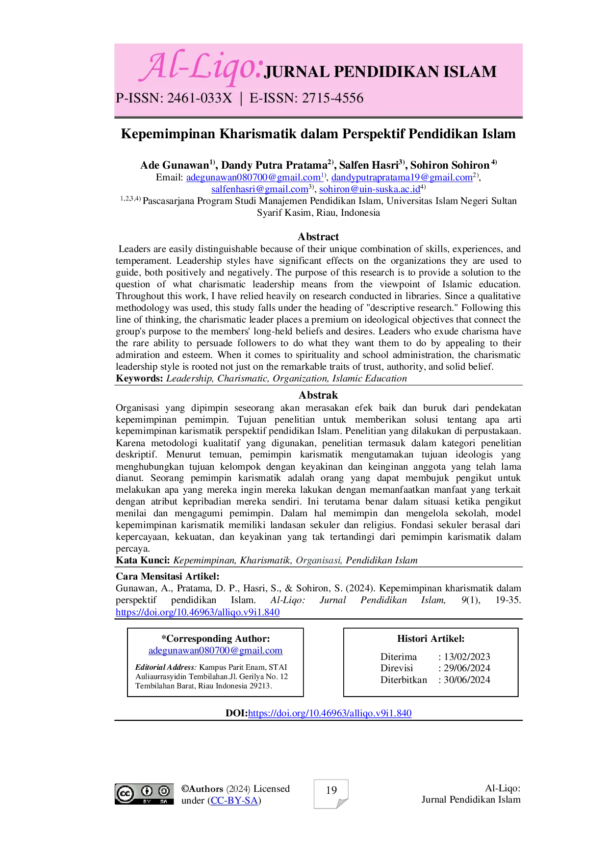 JURIS Kepemimpinan Kharismatik dalam Perspektif Pendidikan Islam