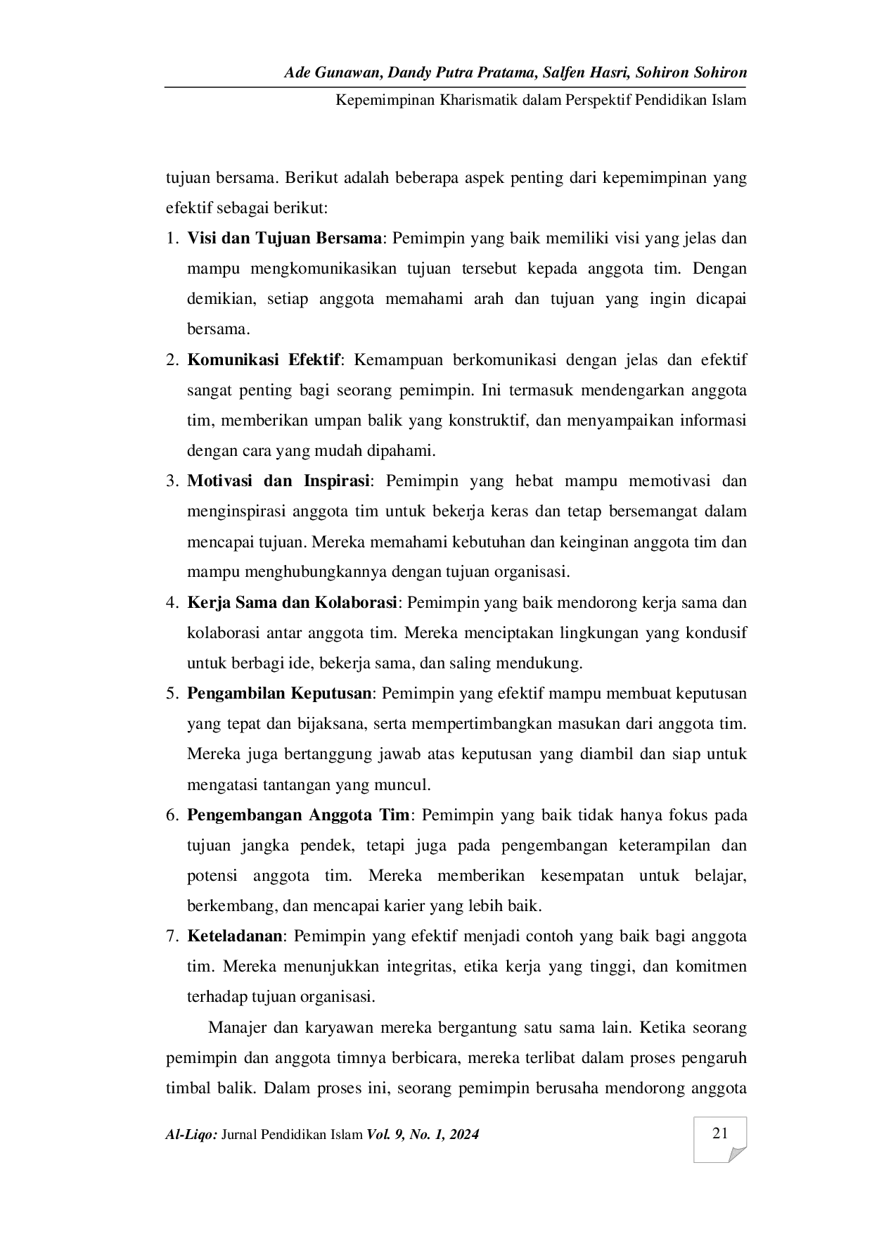 JURIS Kepemimpinan Kharismatik dalam Perspektif Pendidikan Islam