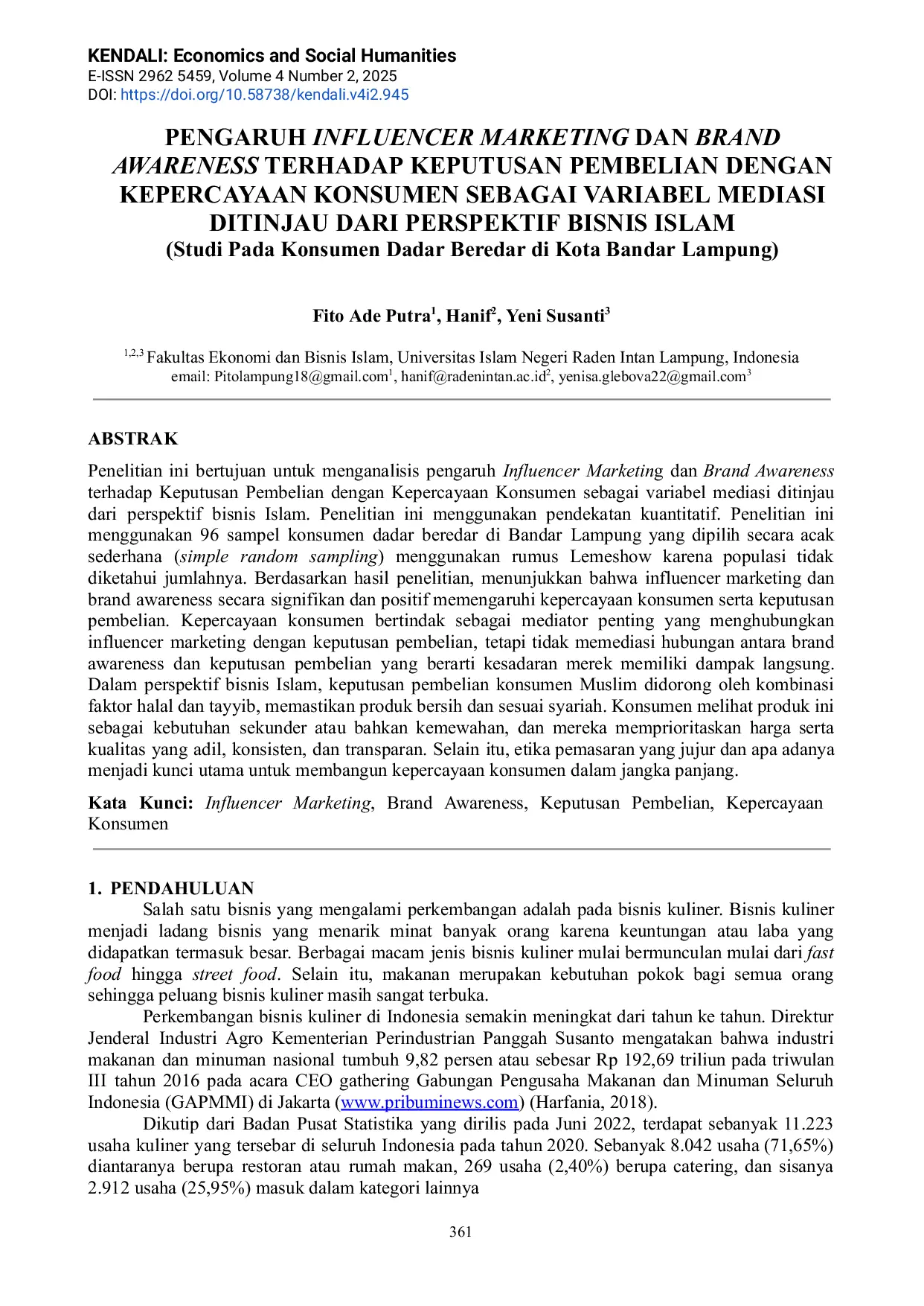 JURIS Pengaruh Influencer Marketing dan Brand Awareness terhadap Keputusan Pembelian dengan Kepercayaan Konsumen sebagai Variabel Mediasi Ditinjau dari Perspektif Bisnis Islam
