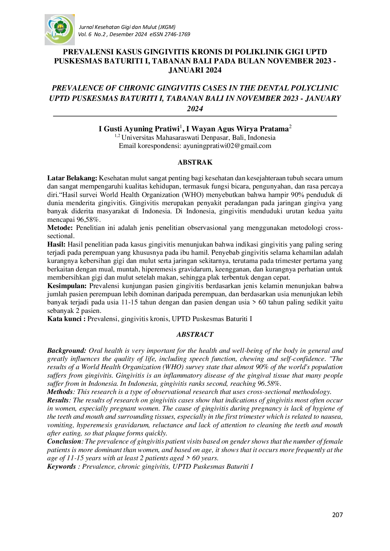JURIS Prevalensi Kasus Gingivitis Kronis di Poliklinik Gigi UPTD Puskesmas Baturiti I Tabanan Bali pada Bulan November 2023 Januari 2024