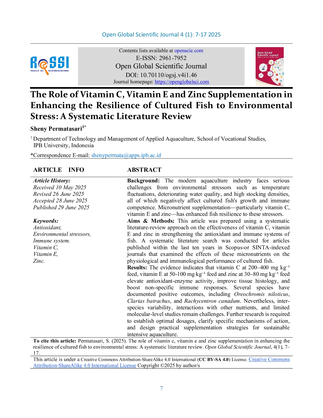 JURIS The Role of Vitamin C Vitamin E and Zinc Supplementation in Enhancing the Resilience of Cultured Fish to Environmental Stress A Systematic Literature Review