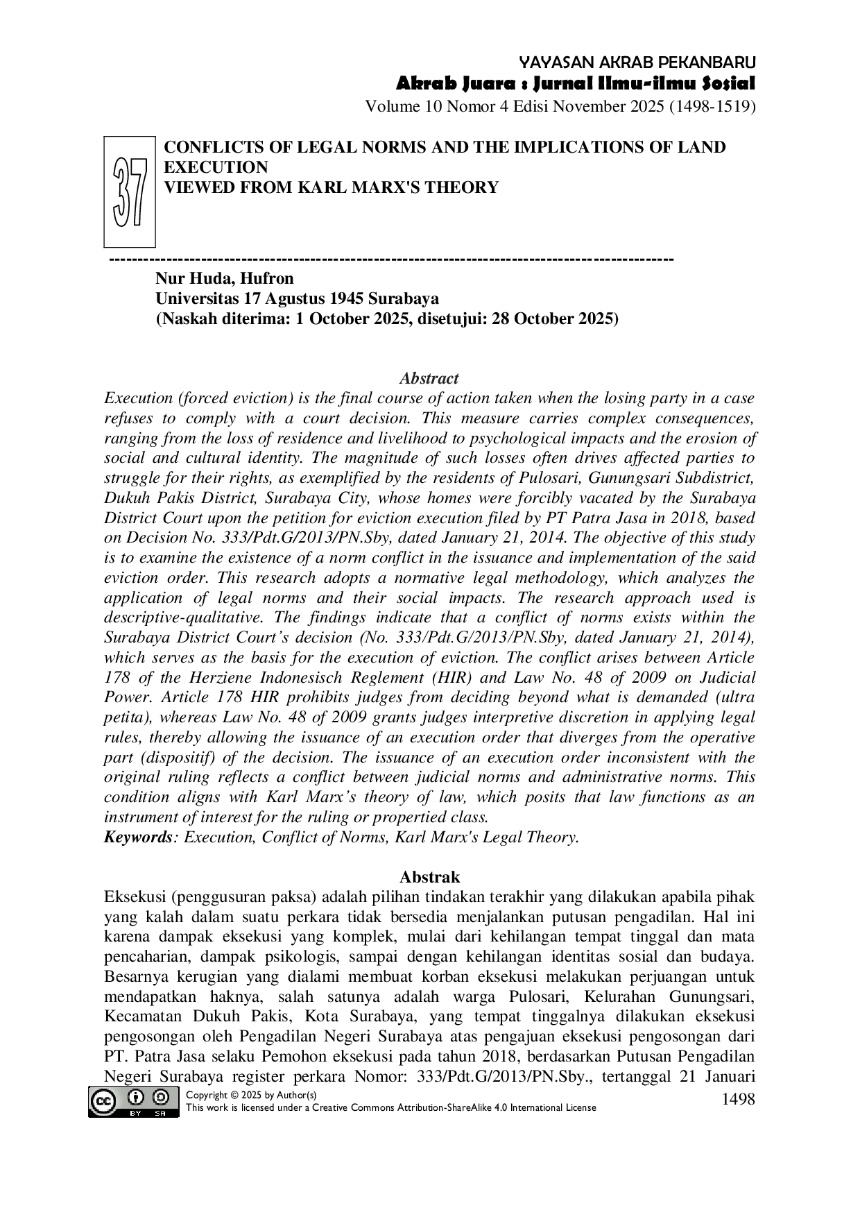 JURIS Konflik Norma Hukum Dan Implikasi Eksekusi Tanah Dalam Teori Karl Marx