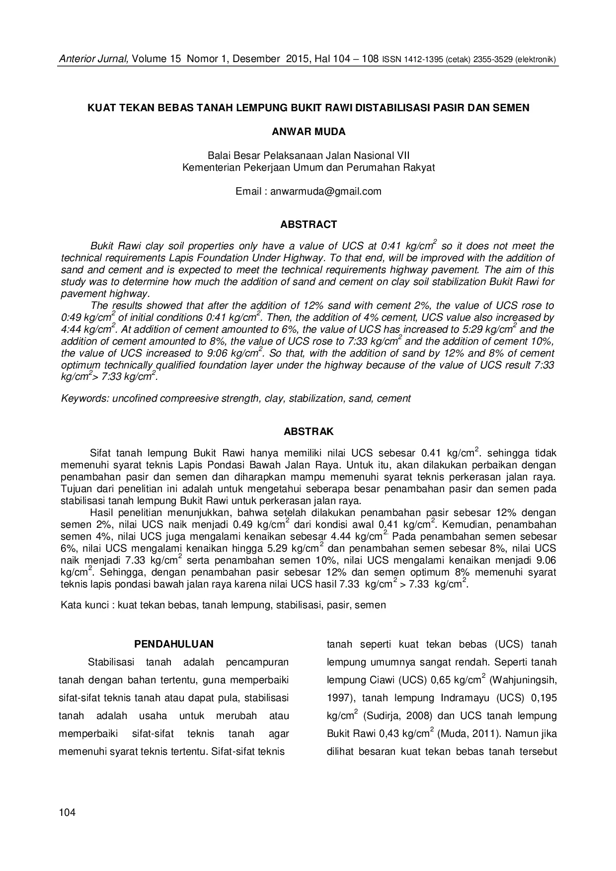 JURIS Kuat Tekan Bebas Tanah Lempung Bukit Rawi Distabilisasi Pasir dan Semen