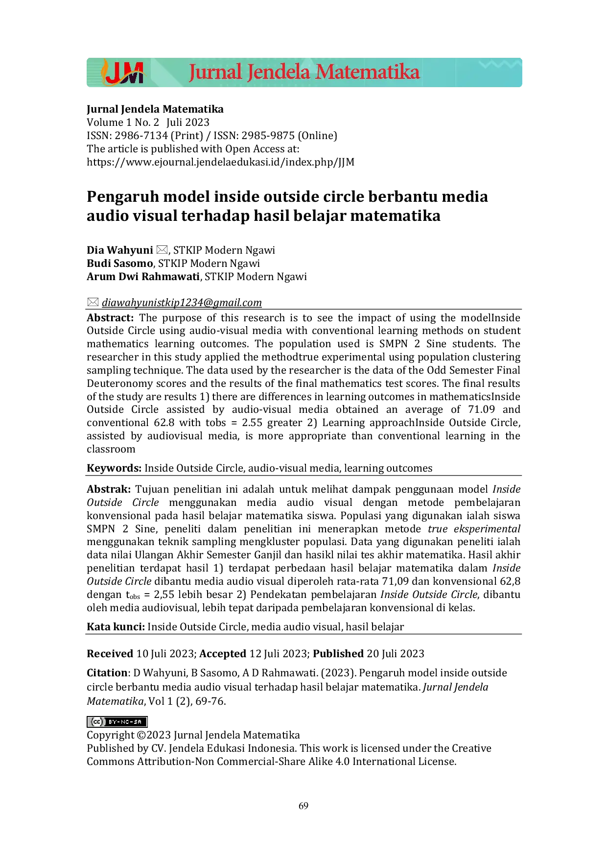 JURIS Pengaruh model inside outside circle berbantu media audio visual terhadap hasil belajar matematika