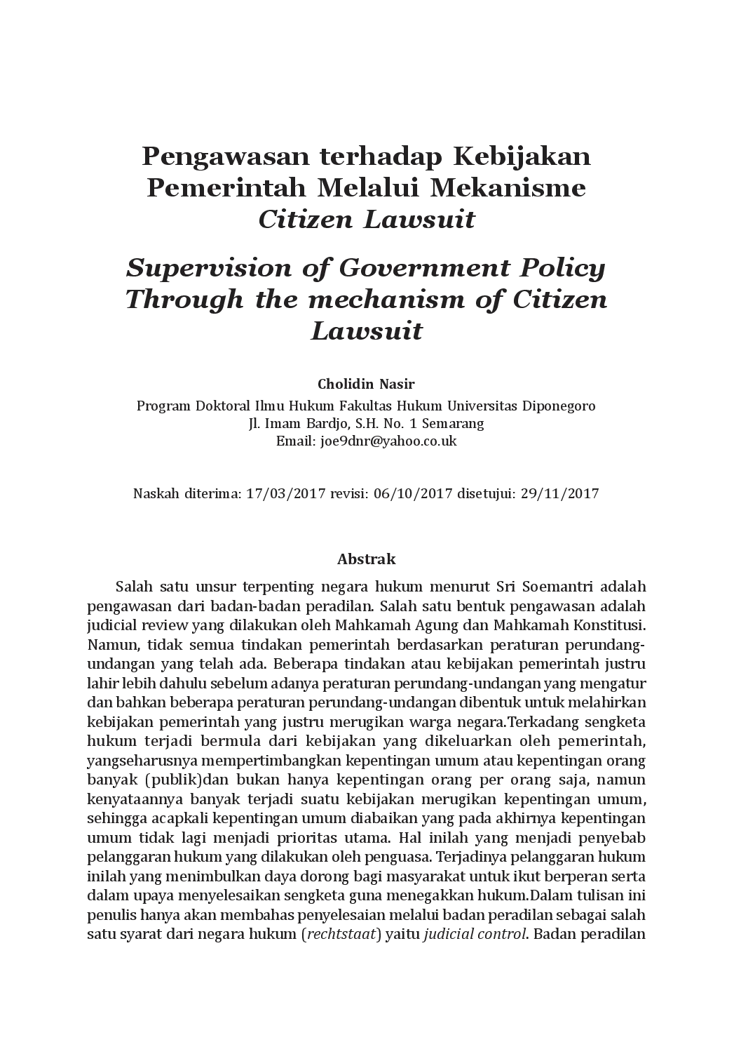 juris Pengawasan terhadap Kebijakan Pemerintah Melalui Mekanisme Citizen Lawsuit