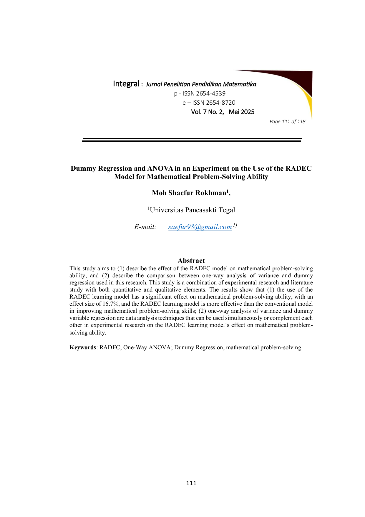 JURIS Dummy Regression and ANOVA in an Experiment on the Use of the RADEC Model for Mathematical Problem Solving Ability