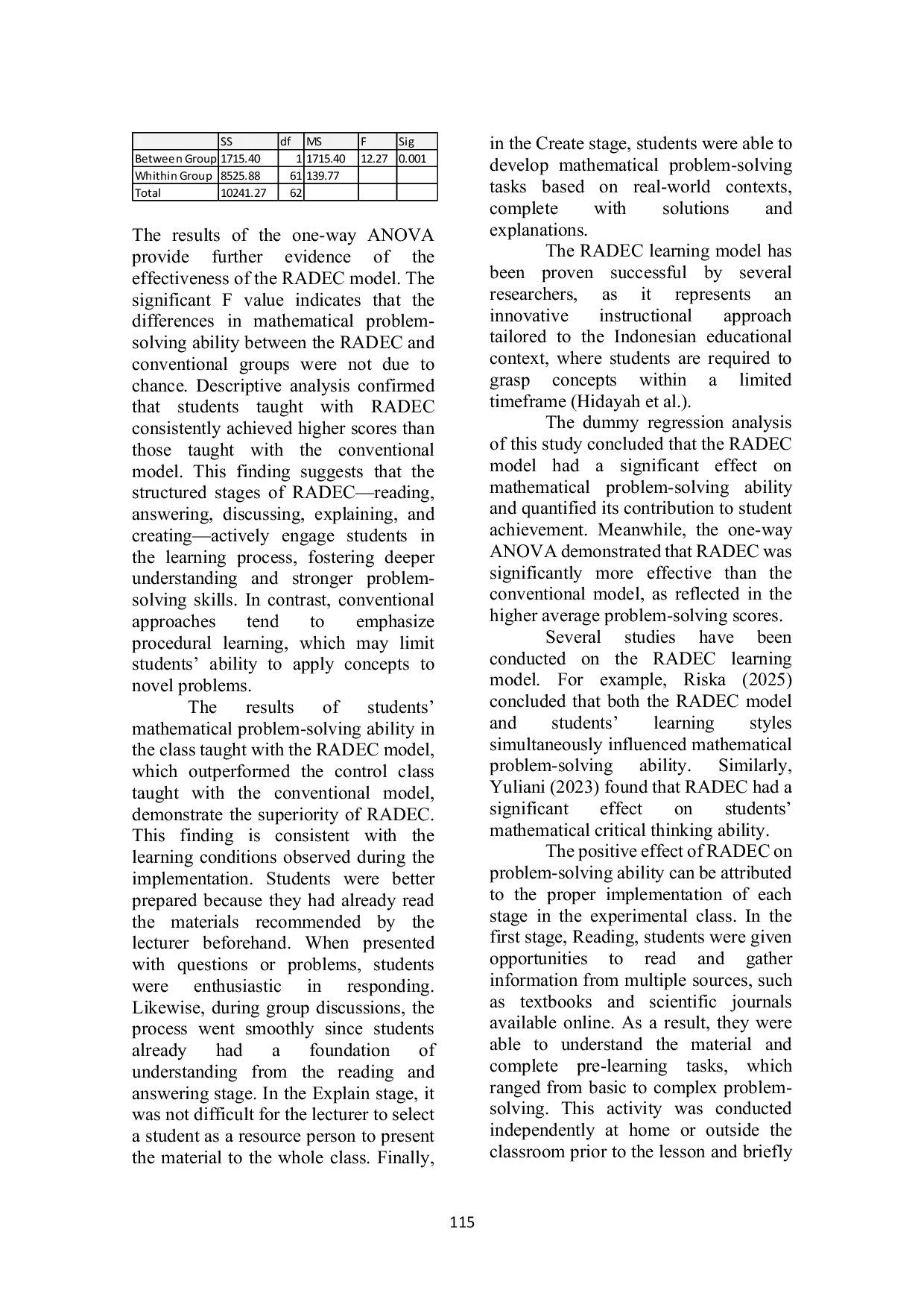 JURIS Dummy Regression and ANOVA in an Experiment on the Use of the RADEC Model for Mathematical Problem Solving Ability