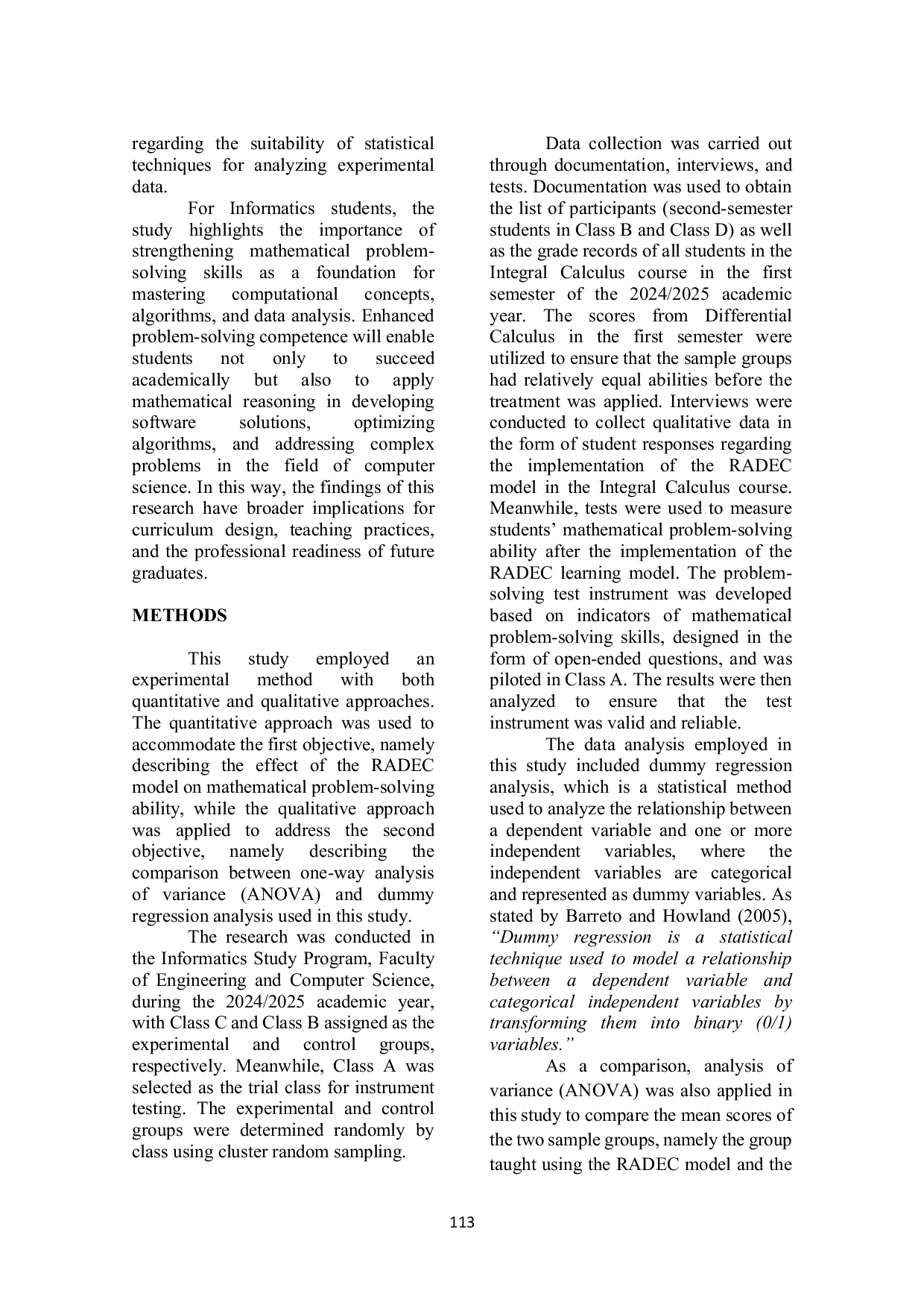 JURIS Dummy Regression and ANOVA in an Experiment on the Use of the RADEC Model for Mathematical Problem Solving Ability