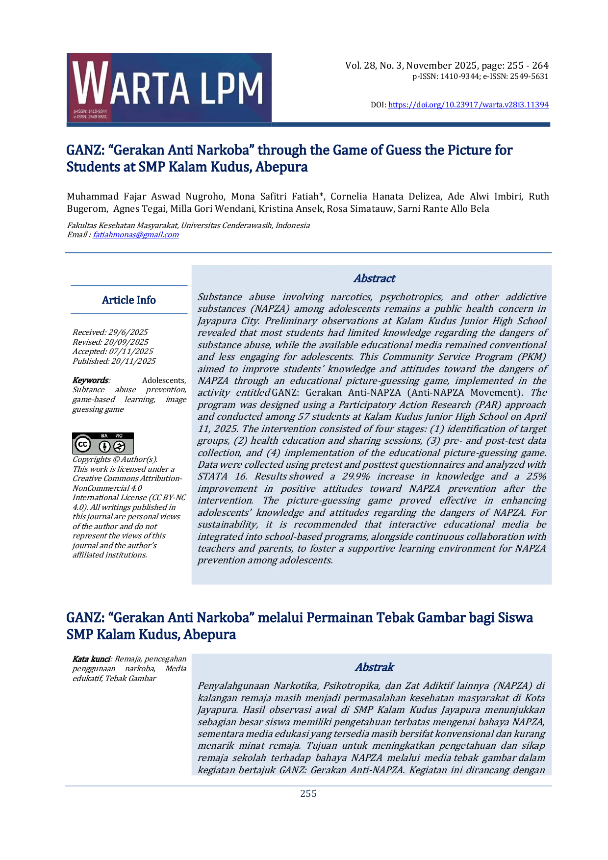 JURIS GANZ Gerakan Anti Narkoba through the Game of Guess the Picture for Students at SMP Kalam Kudus Abepura