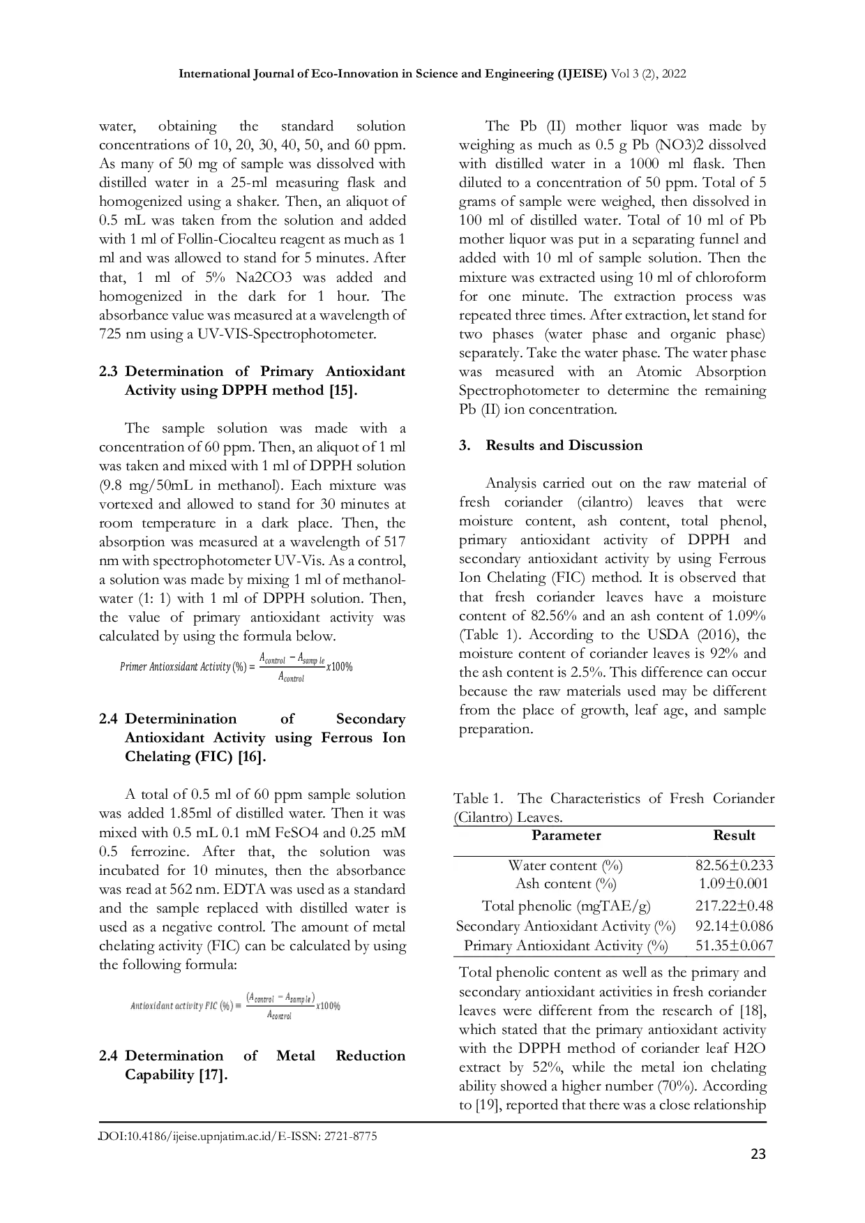JURIS Chemical Characteristics Antioxidant Activities and Lead Pb Chelating Ability of Powdered Drinks made from Coriander Coriandrum sativum Leaves Extract