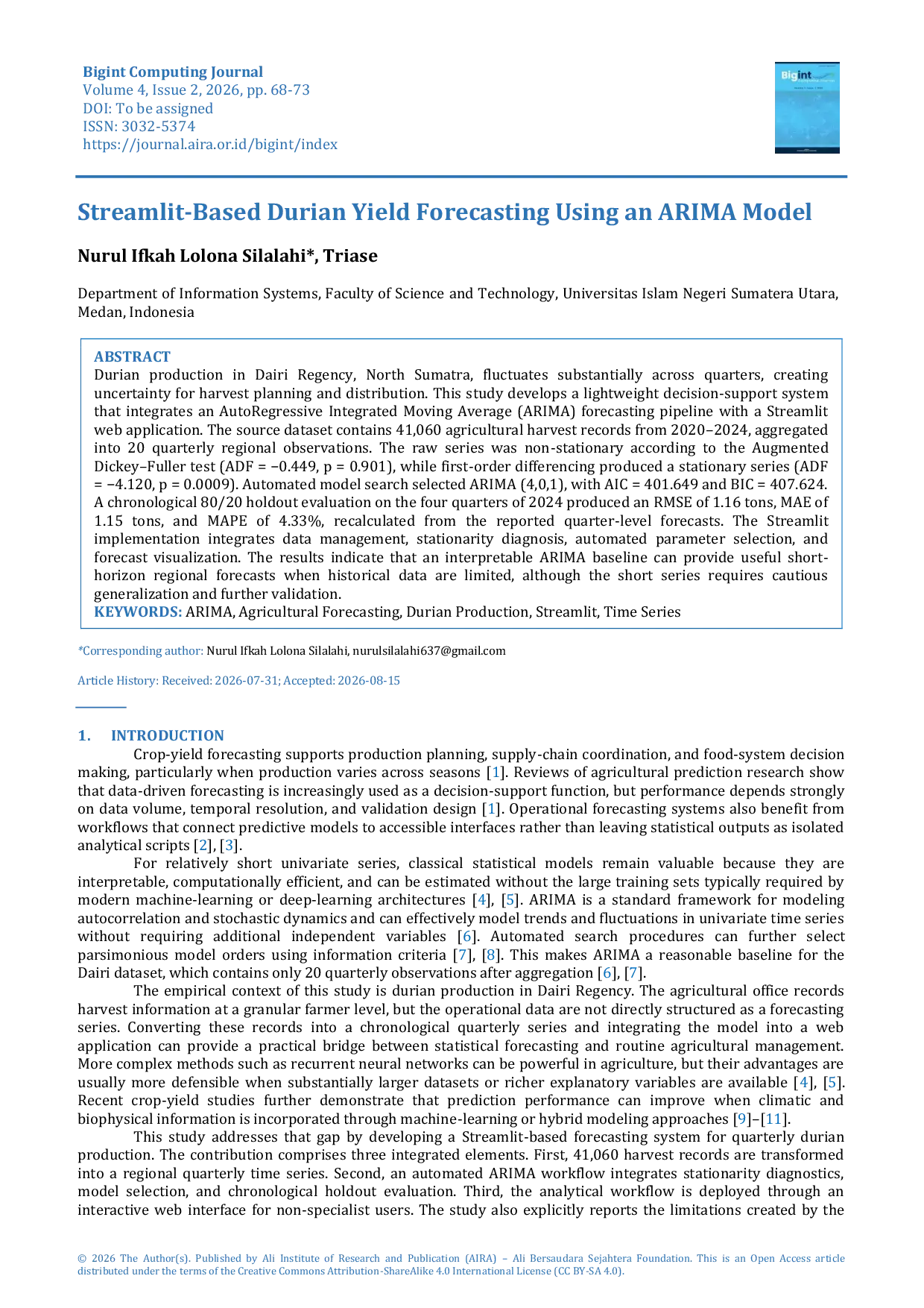 JURIS Streamlit Based Durian Yield Forecasting Using an ARIMA Model