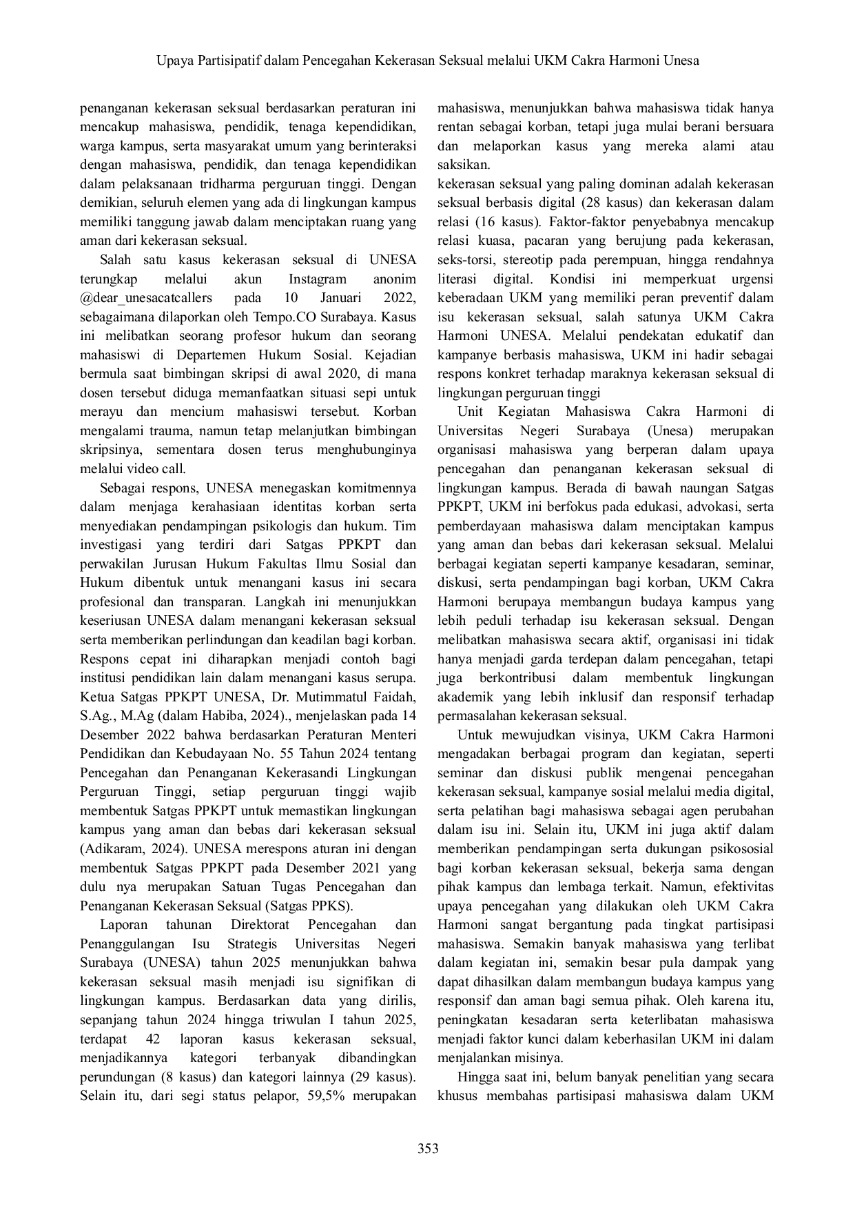 JURIS Participatory Efforts in Preventing Sexual Violence through the Cakra Harmoni Student Activity Unit at Universitas Negeri Surabaya