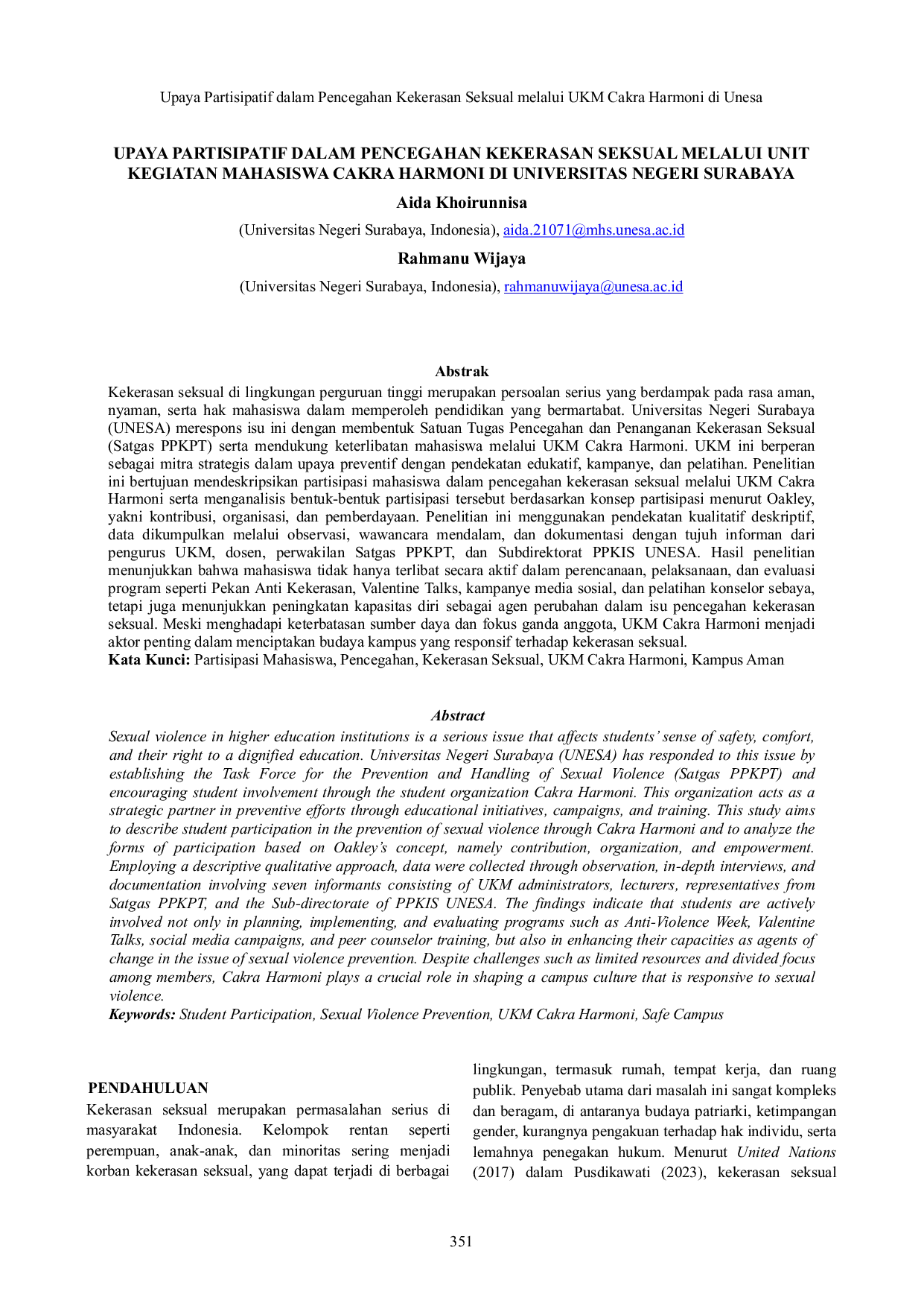 JURIS Participatory Efforts in Preventing Sexual Violence through the Cakra Harmoni Student Activity Unit at Universitas Negeri Surabaya