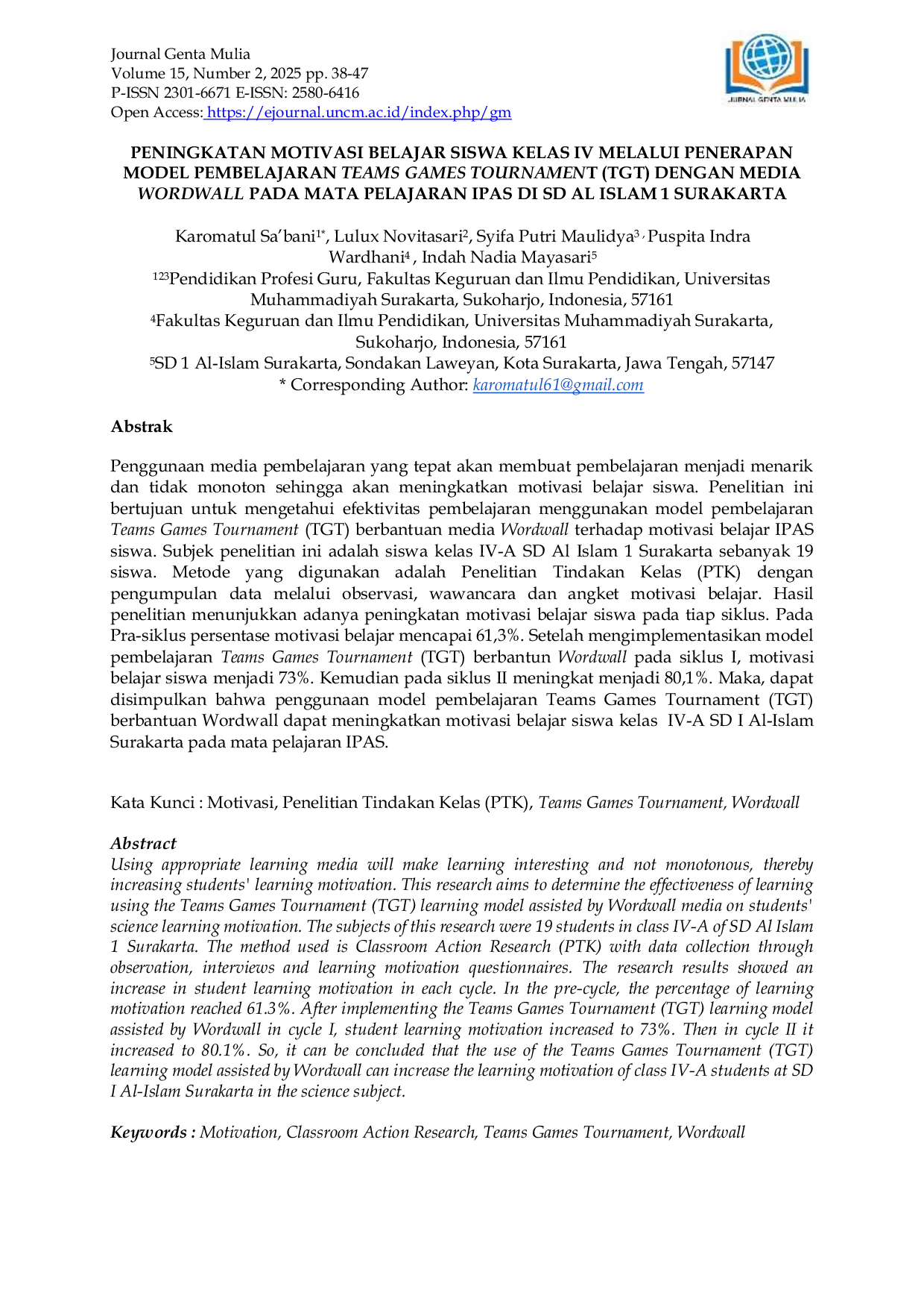 JURIS Peningkatan Motivasi Belajar Siswa Kelas IV Melalui Penerapan Model Pembelajaran Teams Games Tournament TGT Dengan Media Wordwall Pada Mata Pelajaran IPAS Di SD Al Islam 1 Surakarta