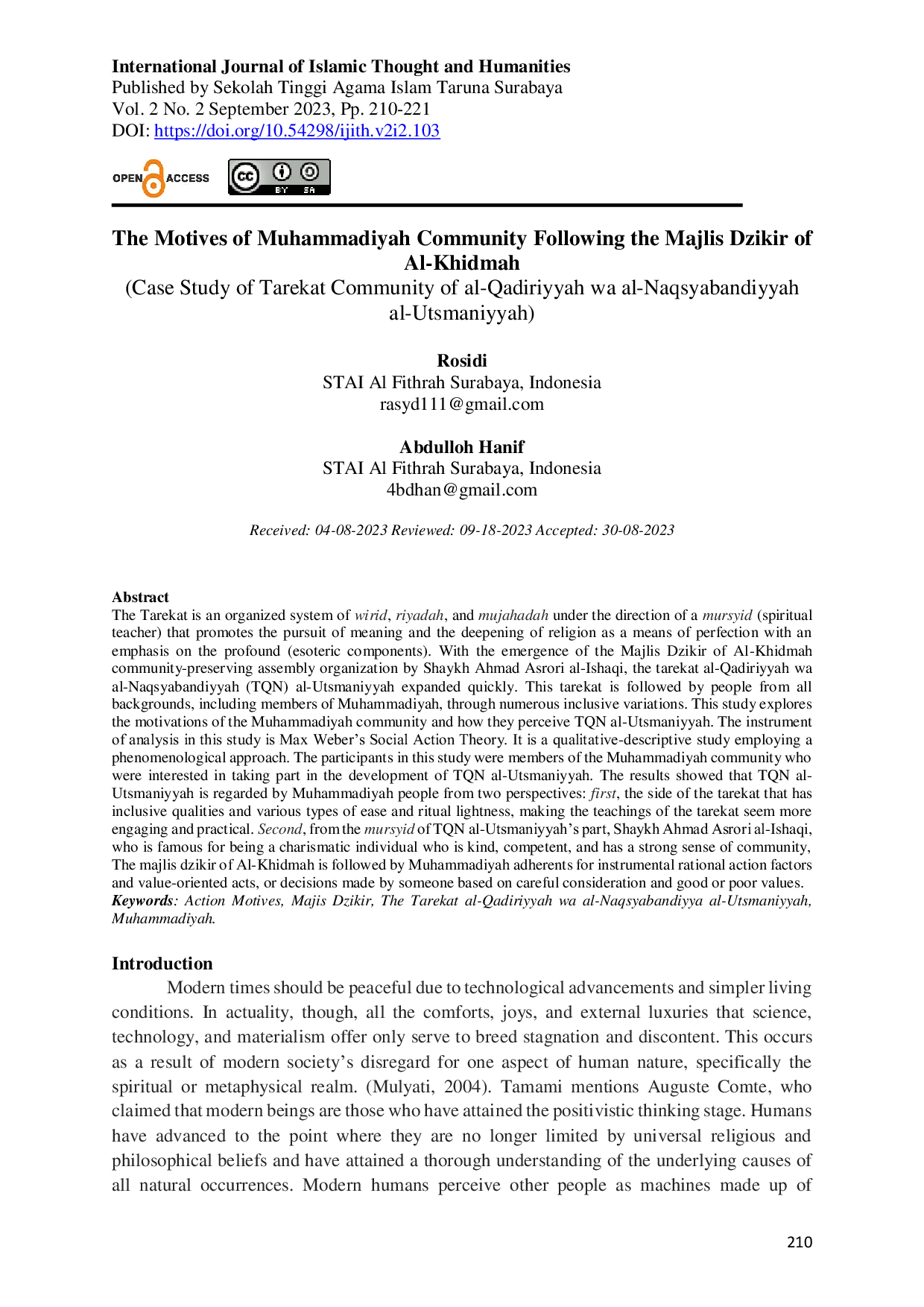 JURIS The Motives of Muhammadiyah Community Following the Majlis Dzikir of Al Khidmah Case Study of Tarekat Community of al Qadiriyyah wa al Naqsyabandiyyah al Utsmaniyyah