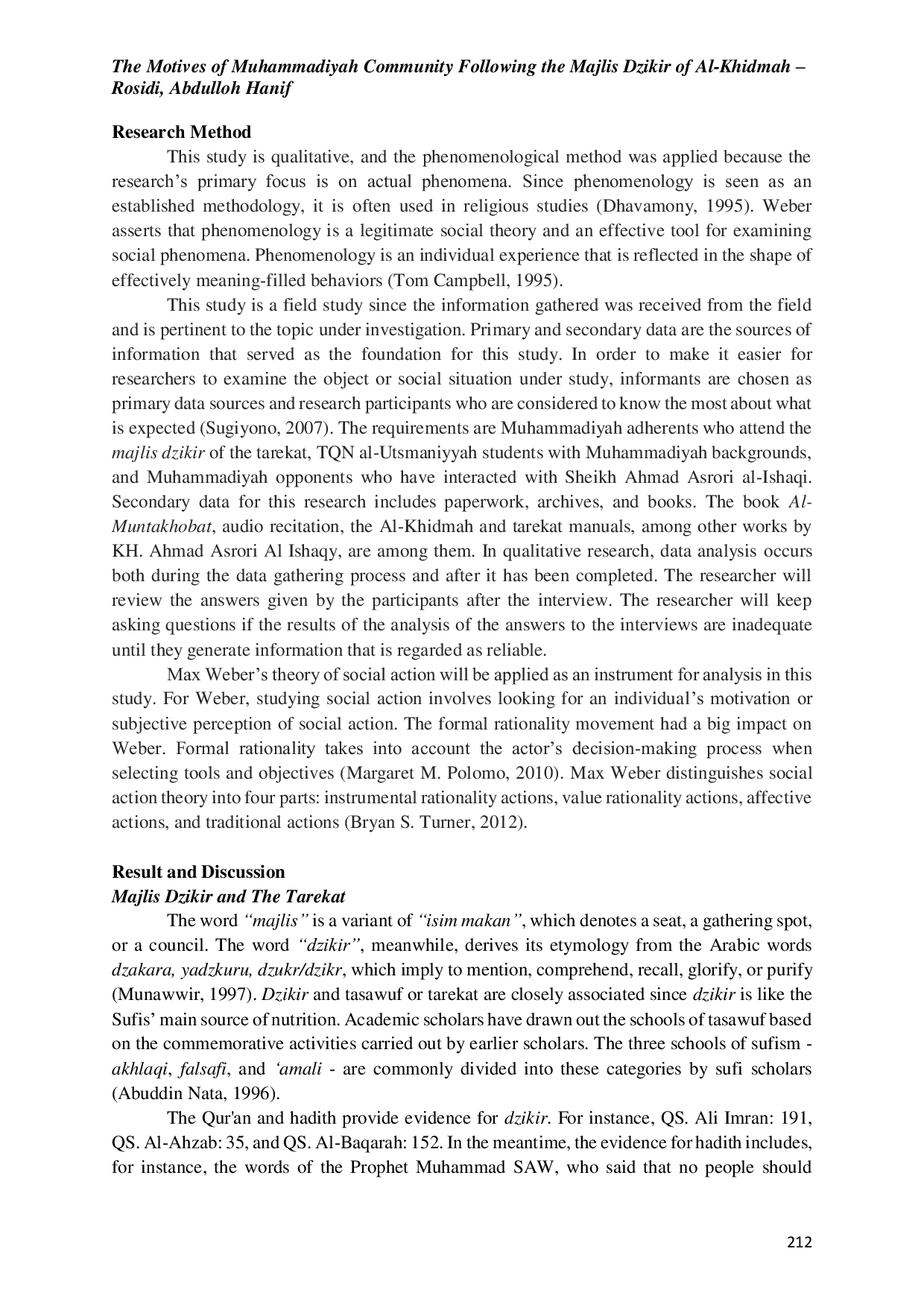 JURIS The Motives of Muhammadiyah Community Following the Majlis Dzikir of Al Khidmah Case Study of Tarekat Community of al Qadiriyyah wa al Naqsyabandiyyah al Utsmaniyyah