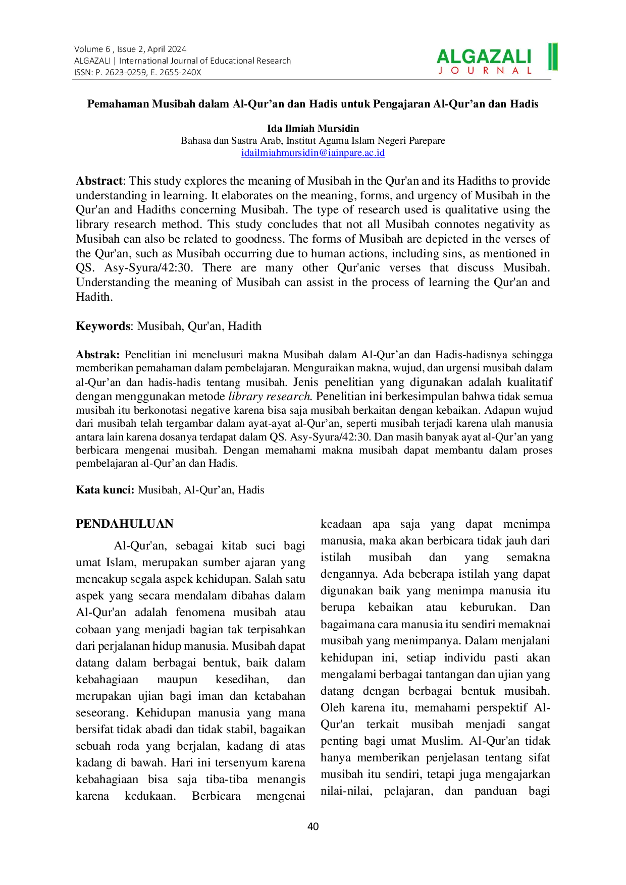 JURIS Pemahaman Musibah dalam Al Qur an dan Hadis untuk Pengajaran Al Qur an dan Hadis