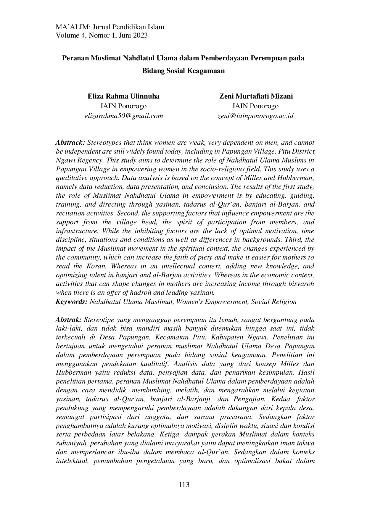 JURIS Peranan Muslimat Nahdlatul Ulama dalam Pemberdayaan Perempuan pada Bidang Sosial Keagamaan