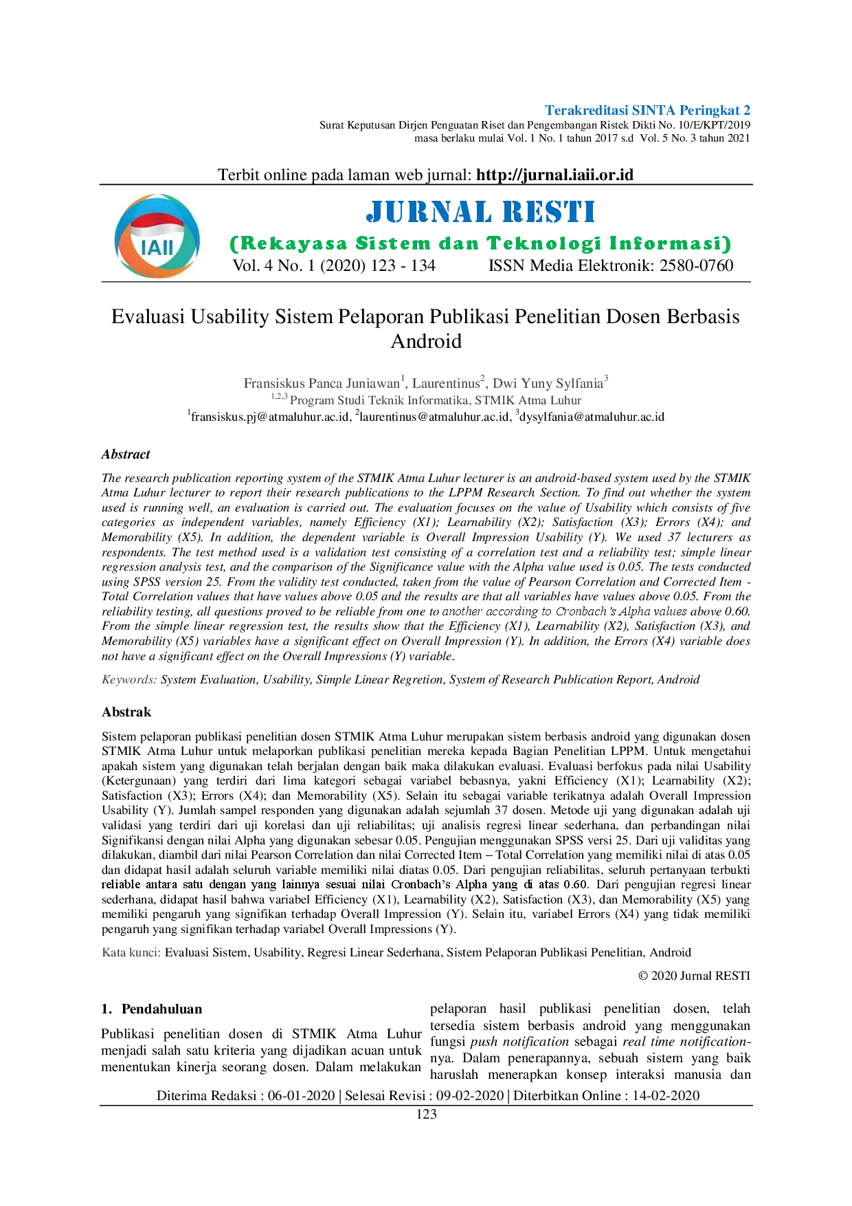 juris Evaluasi Usability Sistem Pelaporan Publikasi Penelitian Dosen Berbasis Android