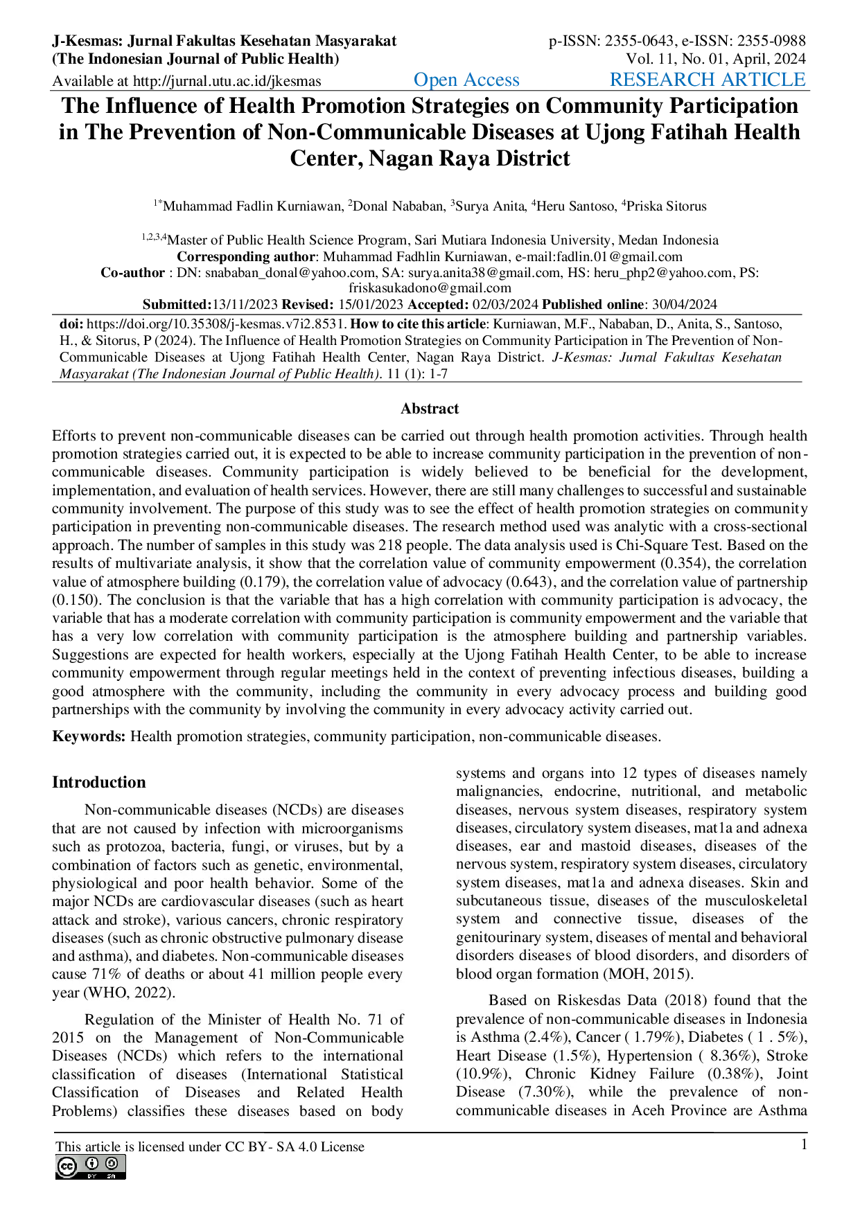 JURIS The Influence of Health Promotion Strategies on Community Participation in The Prevention of Non Communicable Diseases at Ujong Fatihah Health Center Nagan Raya District