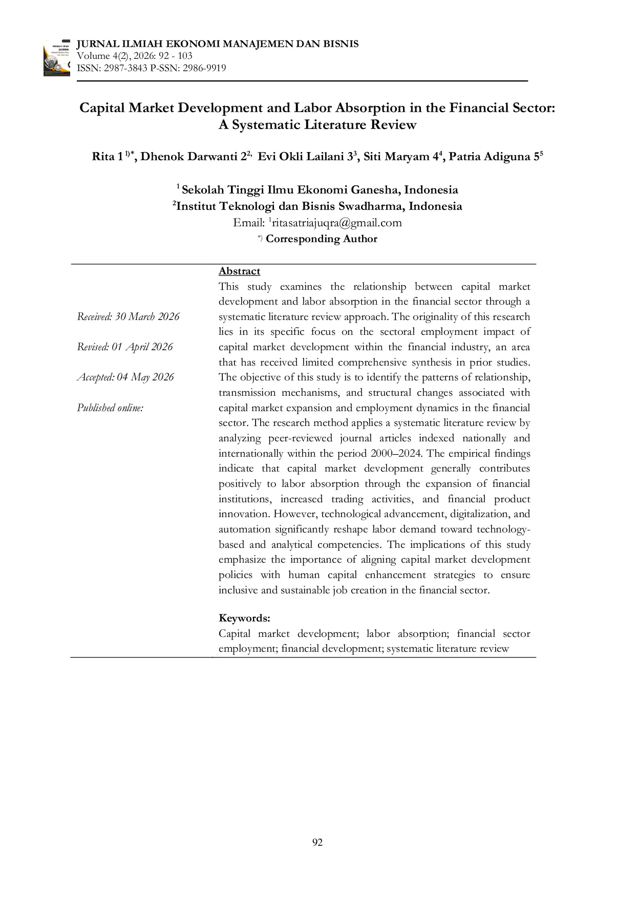 JURIS Capital Market Development and Labor Absorption in the Financial Sector A Systematic Literature Review