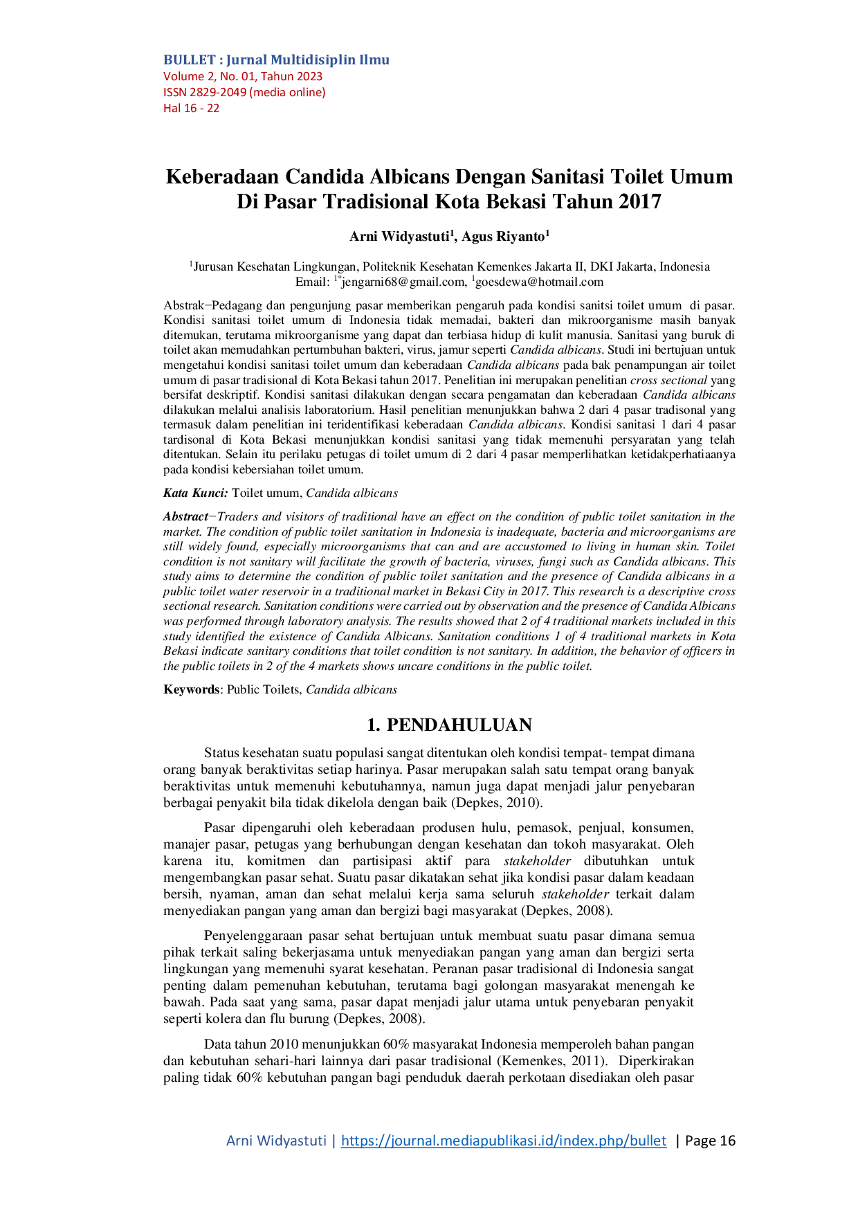 JURIS Keberadaan Candida Albicans Dengan Sanitasi Toilet Umum Di Pasar Tradisional Kota Bekasi Tahun 2017