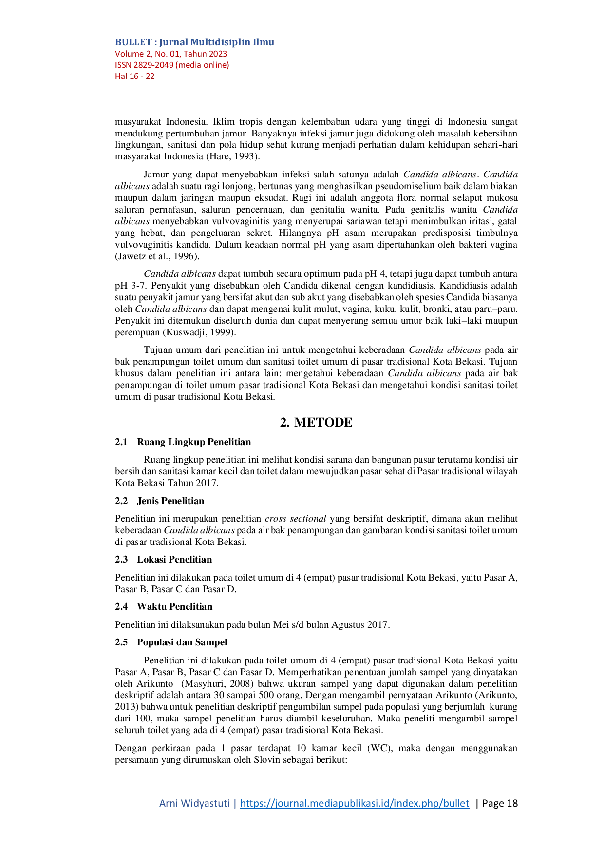 JURIS Keberadaan Candida Albicans Dengan Sanitasi Toilet Umum Di Pasar Tradisional Kota Bekasi Tahun 2017