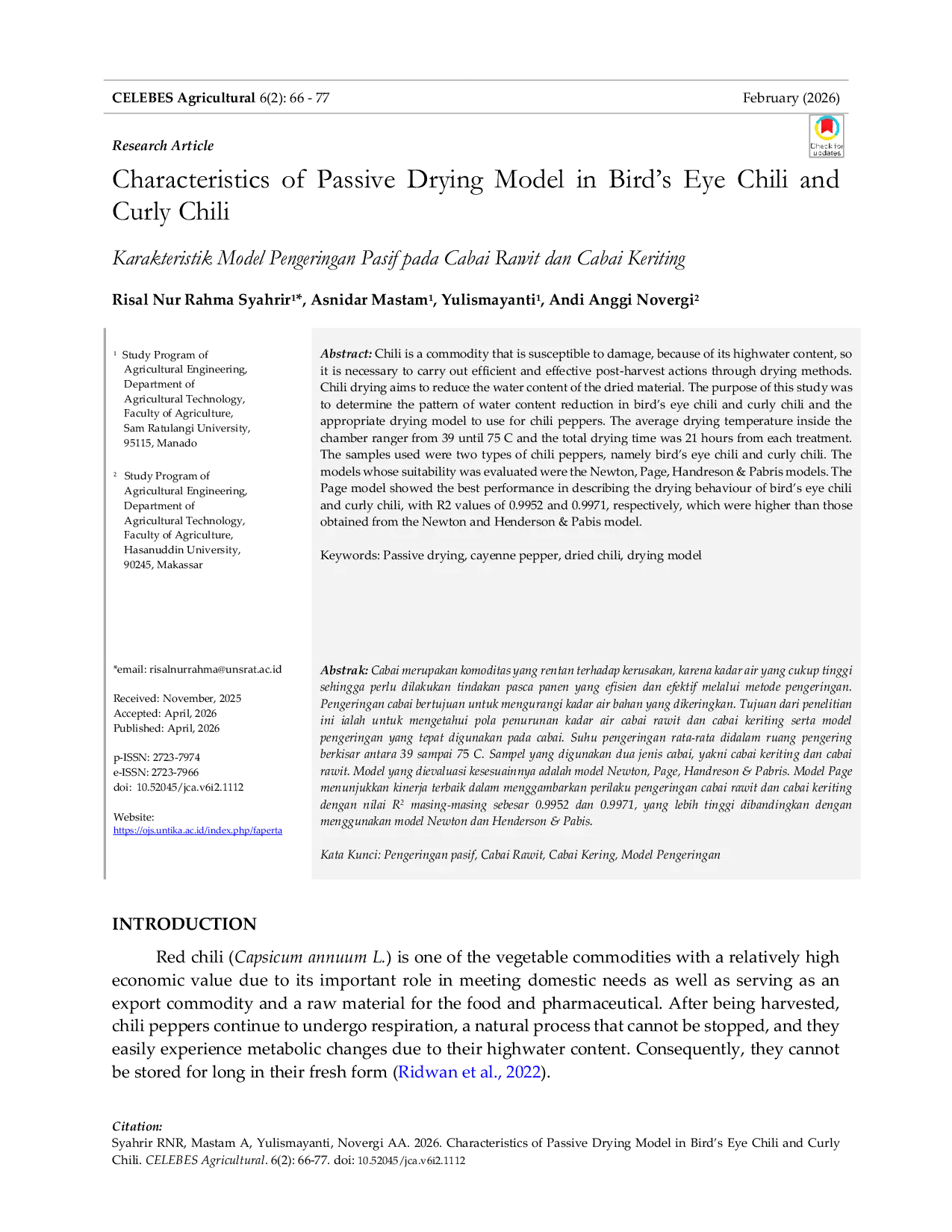 JURIS Characteristics of Passive Drying Model in Bird s Eye Chili and Curly Chili