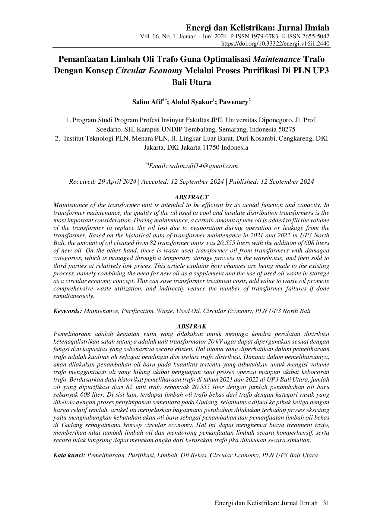JURIS Pemanfaatan Limbah Oli Trafo Guna Optimalisasi Maintenance Trafo Dengan Konsep Circular Economy Melalui Proses Purifikasi Di PLN UP3 Bali Utara