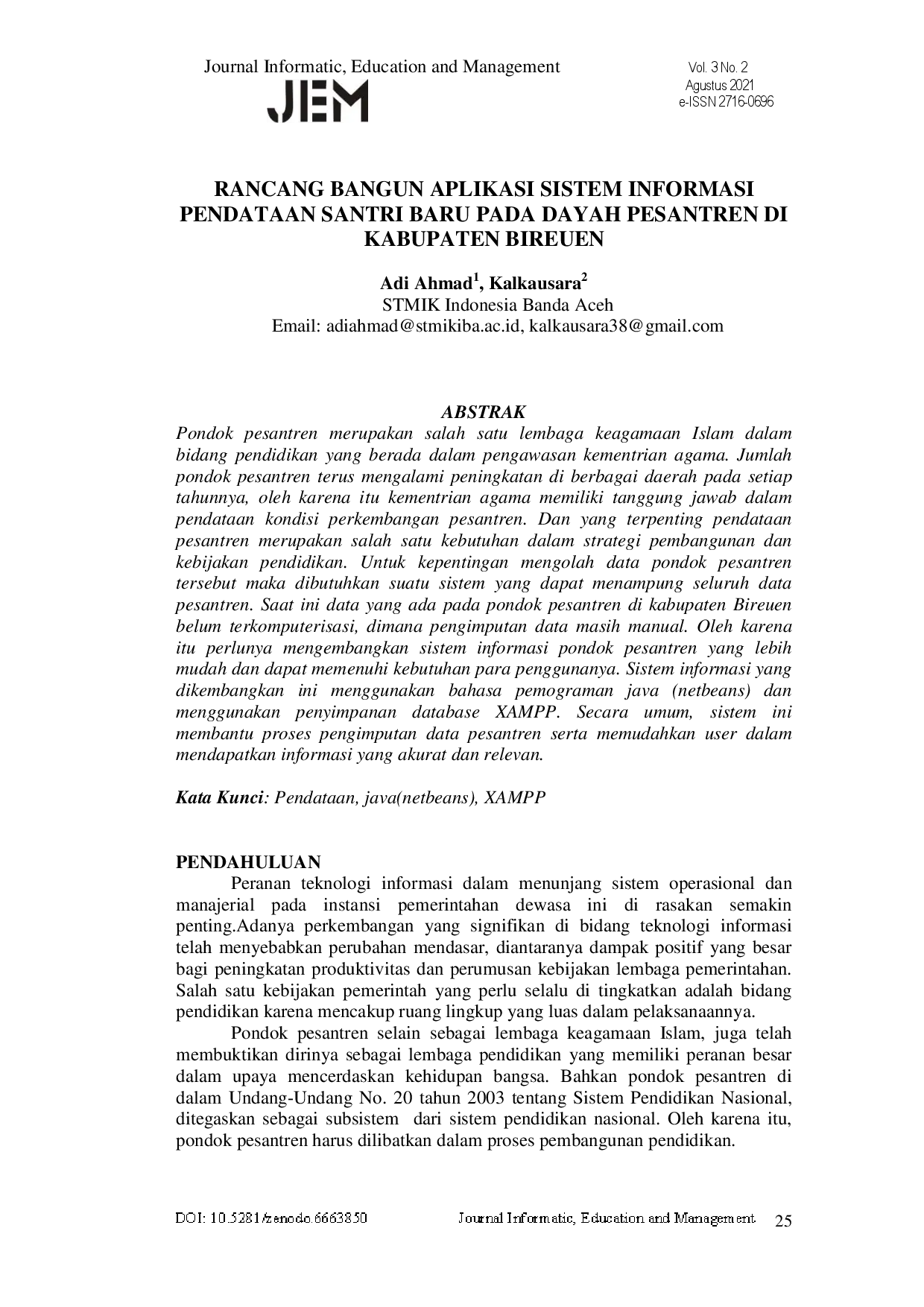 juris Rancang Bangun Aplikasi Sistem Informasi Pendataan Santri Baru Pada Dayah Pesantren Di Kabupaten Bireuen