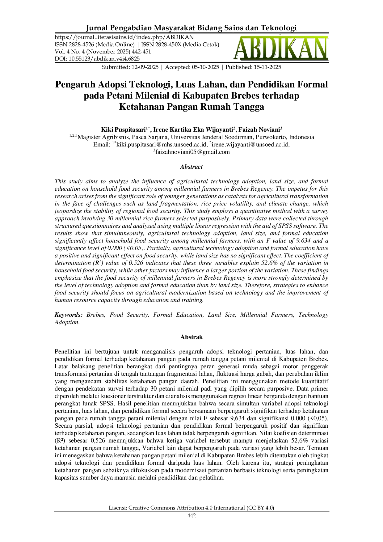 JURIS Pengaruh Adopsi Teknologi Luas Lahan dan Pendidikan Formal pada Petani Milenial di Kabupaten Brebes terhadap Ketahanan Pangan Rumah Tangga