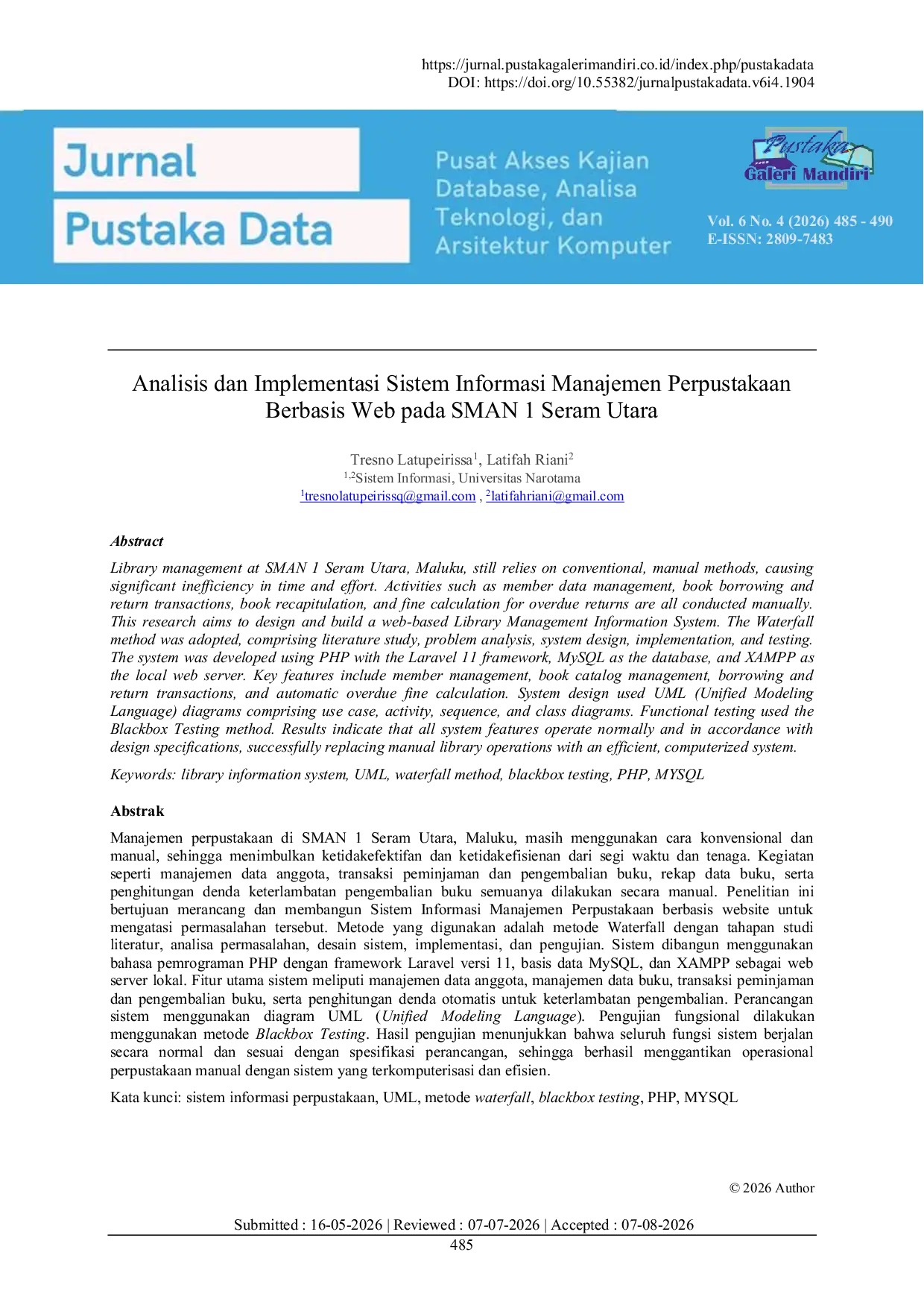 JURIS Analisis dan Implementasi Sistem Informasi Manajemen Perpustakaan Berbasis Web pada SMAN 1 Seram Utara