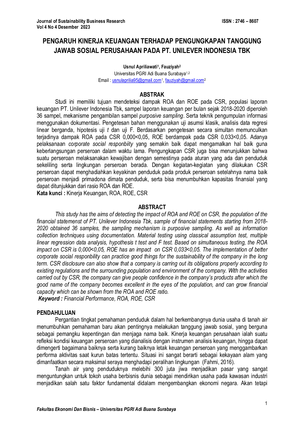 JURIS Pengaruh Kinerja Keuangan Terhadap Pengungkapan Tanggung Jawab Sosial Perusahaan Pada Pt Unilever Indonesia Tbk