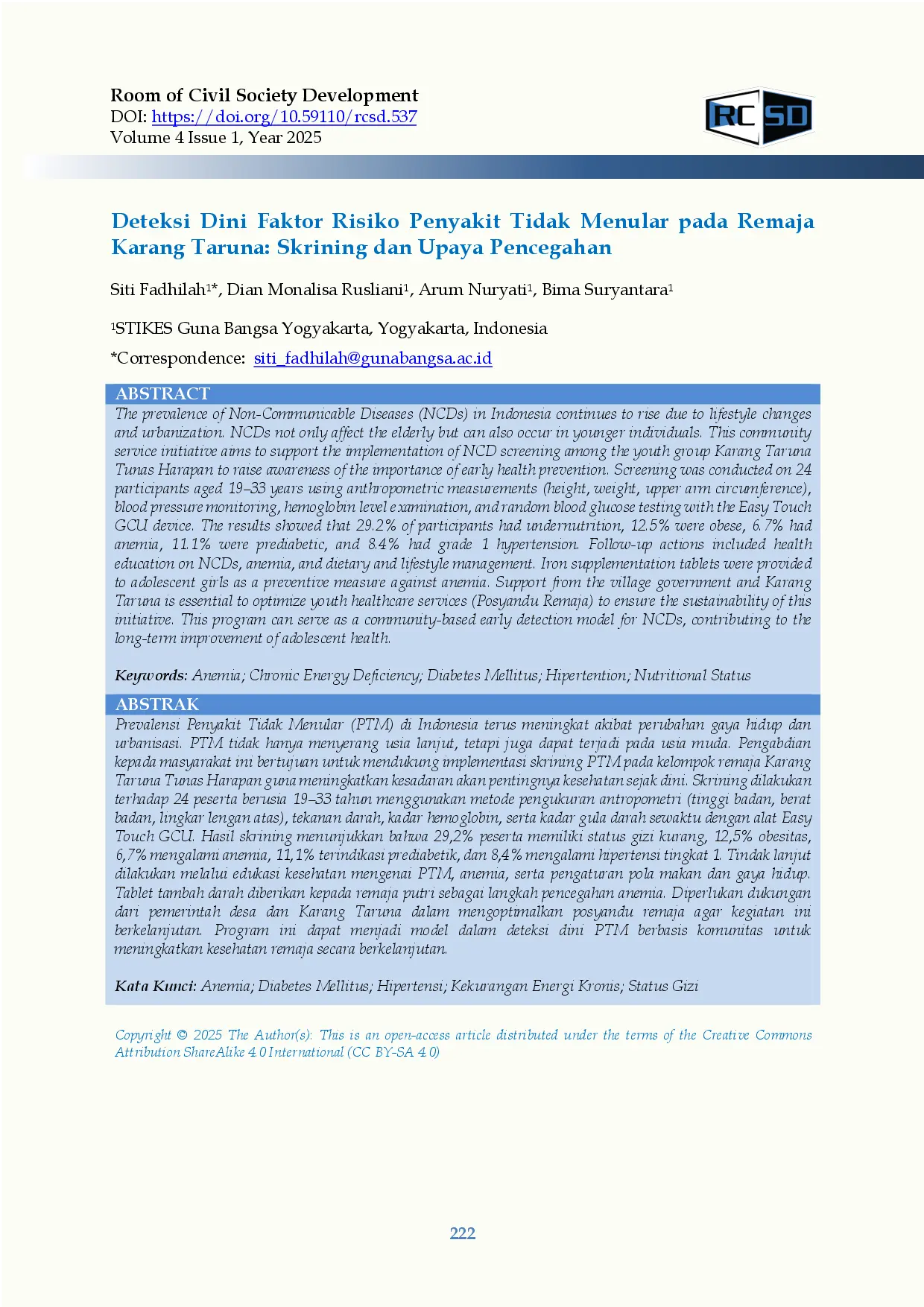 juris Deteksi Dini Faktor Risiko Penyakit Tidak Menular pada Remaja Karang Taruna Skrining dan Upaya Pencegahan