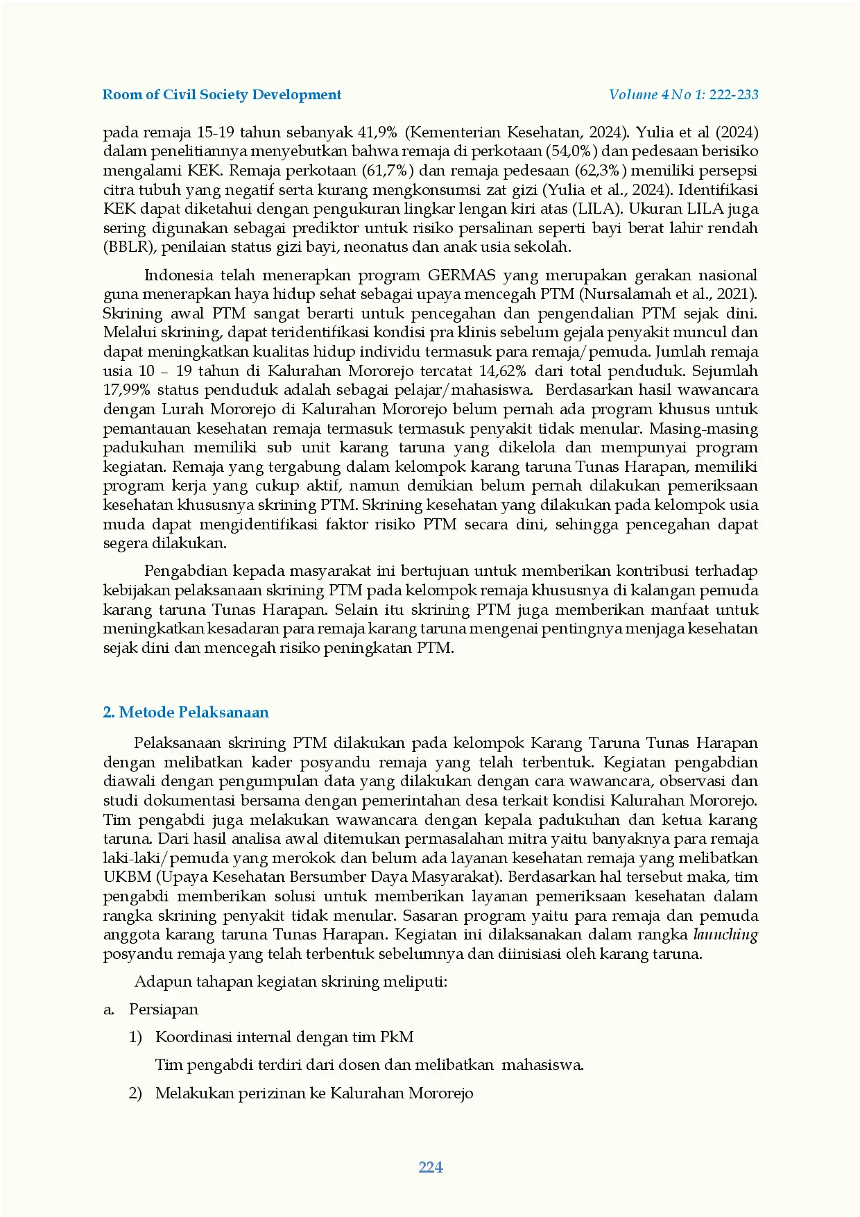 juris Deteksi Dini Faktor Risiko Penyakit Tidak Menular pada Remaja Karang Taruna Skrining dan Upaya Pencegahan